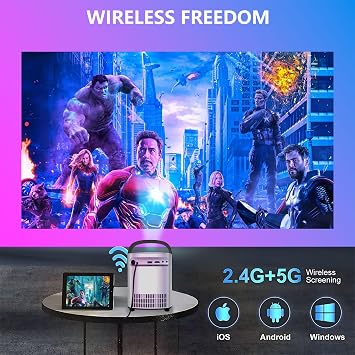 Unitedtime Projector with WiFi and Bluetooth Native 1080p Support 4K 12000 Lumens Portable Integrated Folding Handheld bracket, for Home Theater Support HDMI, USB, PC, TV Box, iOS & Android Phone