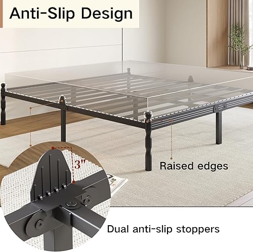 Miniatura 4 de COMASACH Base de cama de tamaño matrimonial de 14 pulgadas con tapón deslizante para colchón, marco de cama matrimonial, estilo vintage, listones de