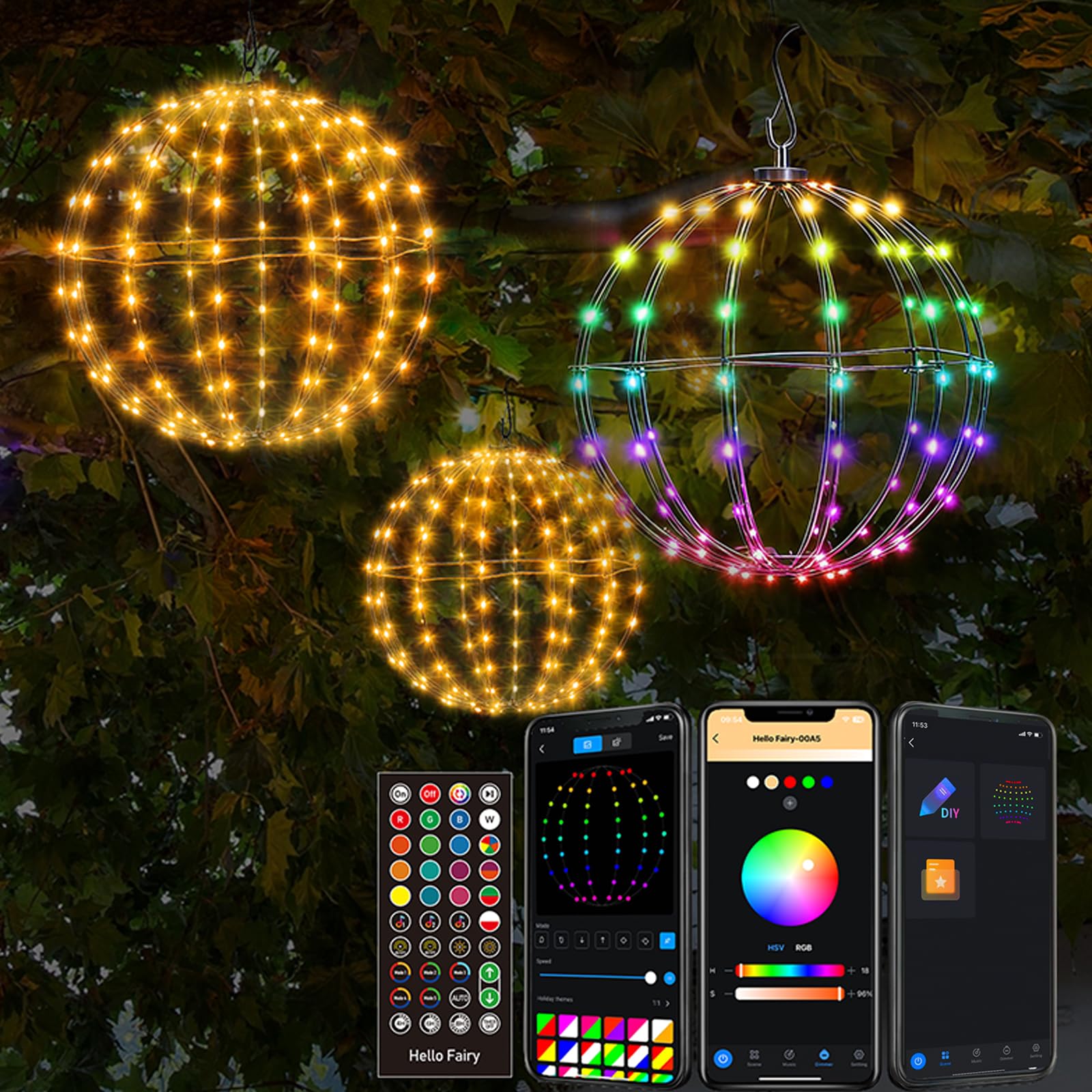 3 pack 12” outdoor/indoor led christmas light balls, smart hanging tree decor sphere lights, dimmer color changing, app & remote control, timer, waterproof, holiday, patio, wedding decor