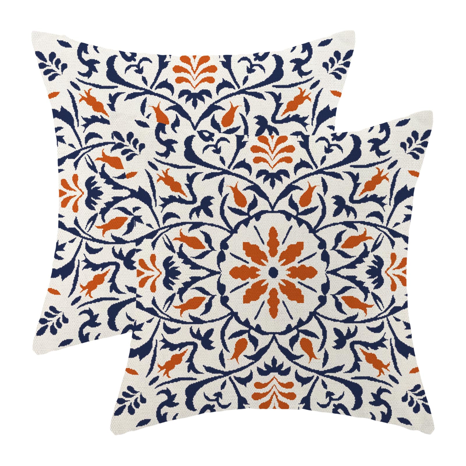 Navy Blue Orange Boho Pillow Covers 18x18 Set of 2, Bohemian Ethnic Carpet Pattern Design Decorative Throw Pillows Linen Blue Print Farmhouse Cushion