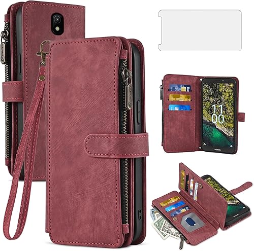 Asuwish Funda de teléfono para Nokia C100 4G LTE N152DL - Funda tipo cartera y protector de pantalla de vidrio templado, soporte para tarjetas de