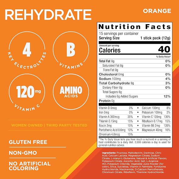 AdvoCare Rehydrate - Electrolyte Drink Mix - Includes Magnesium, Sodium, Potassium & Calcium - Antioxidant & Amino Acid Fortified - Supports Hydration & Recovery - Orange, 12.7 oz