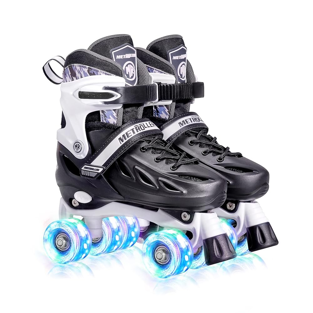 METROLLER Roller Skates for Girls Ages 5-8 8-12 and Boys Teens, Adjustable 4 Sizes for Kids Toddler Rollerskates with Light up Wheels, for Women (Black, Medium-Big Kid (1-4 US))