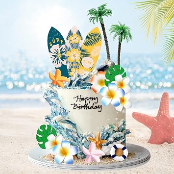 Summer Beach Happy Birthday Cake Topper Surfboard Palm Model Tree Umbrella Chair for Swimming Beach Luau Birthday Surfboard