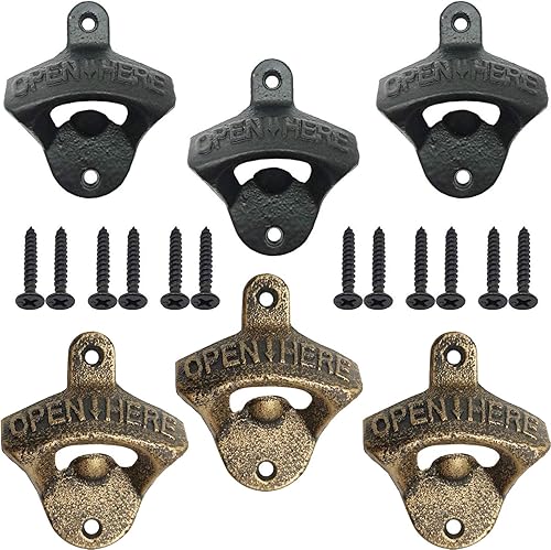 Miniatura 1 de TIHOOD Abrebotellas de hierro fundido montado en la pared, 6 unidades, abrebotellas de cerveza vintage, adecuado para bares, hoteles KTV, hogares (3