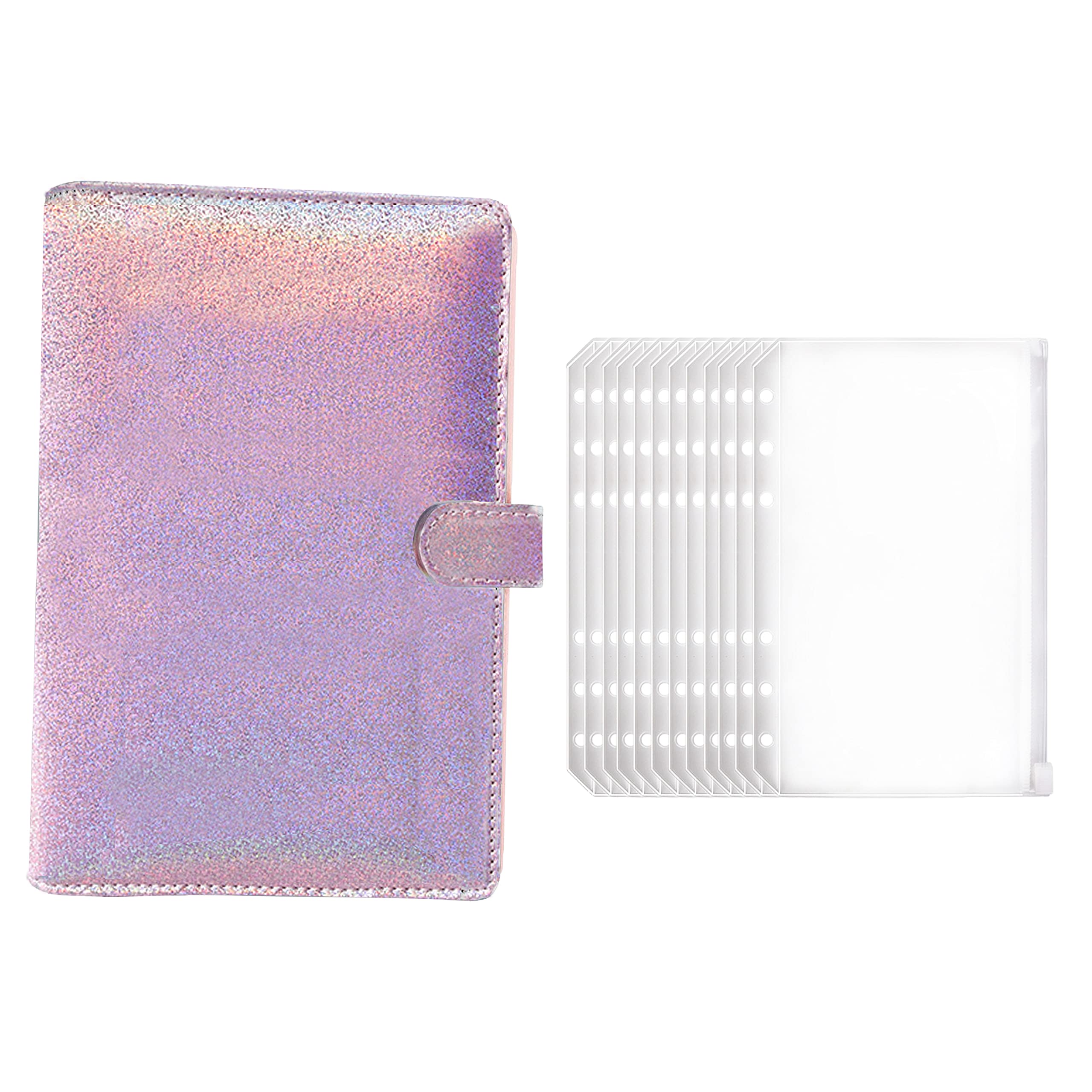 PD ZM168Binder Cover with Binder Pockets, Budget Binder PU Leather Refillable Binder with 12 PCS Zipper Pouches Clear Loose Leaf Bags for Cash Envelopes, Bill, Sticker Organizer (Flash Pink)