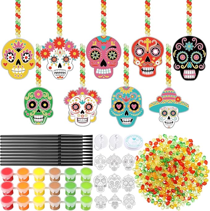 Pasimy 36 Sets Day of The Dead Suncatchers Paint Craft Kits Dia De Los Muertos Window Hanging Ornaments Decorations DIY Paint Your Own Sugar Skull Skeleton Art Project Halloween Party Favors Gifts
