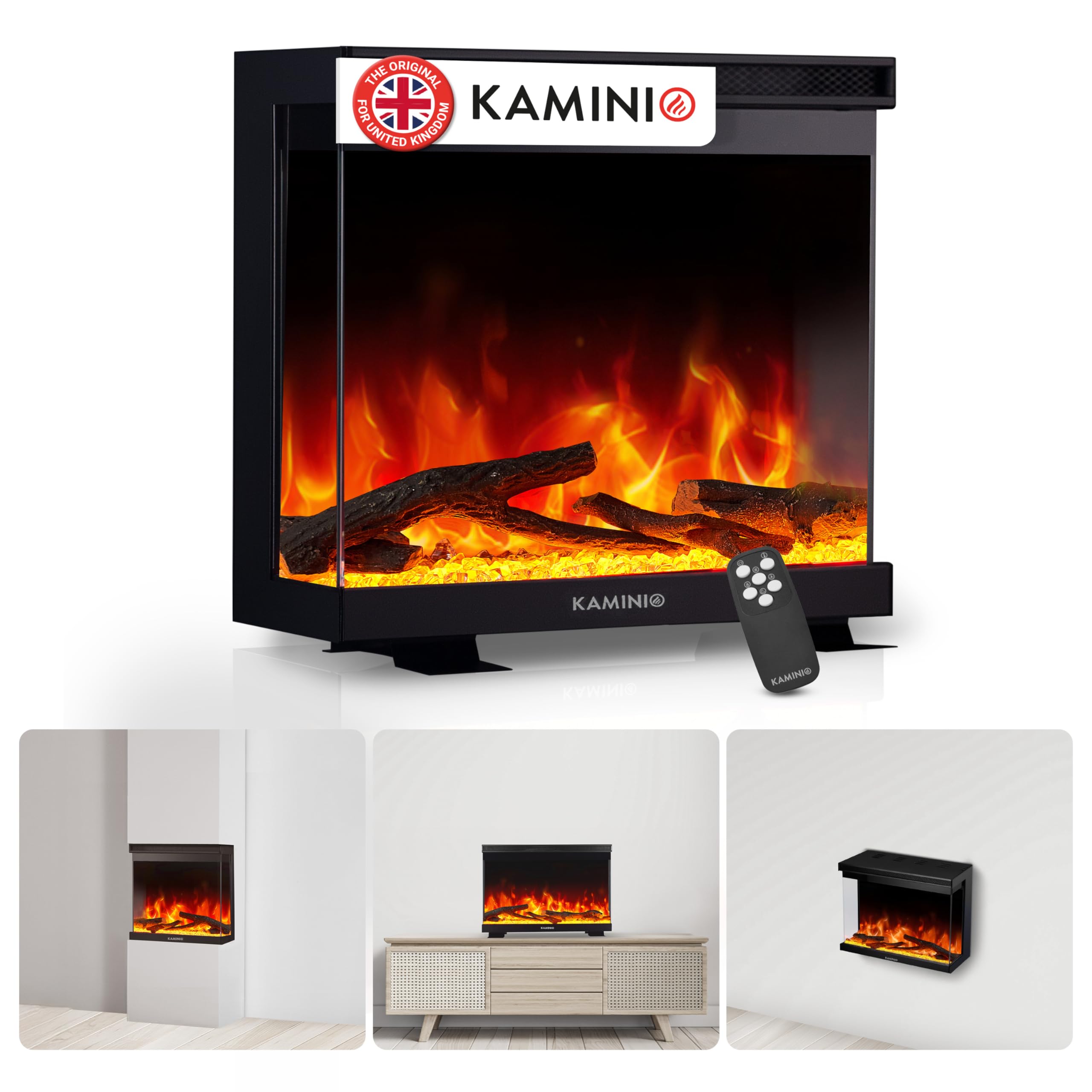 KAMINIO Electric Fireplace LEA - Electric 3-in-1 Fireplace with Panoramic View, Heater, 3D Flame Effect, 12 Flame Colors, Remote Control (24 inch)