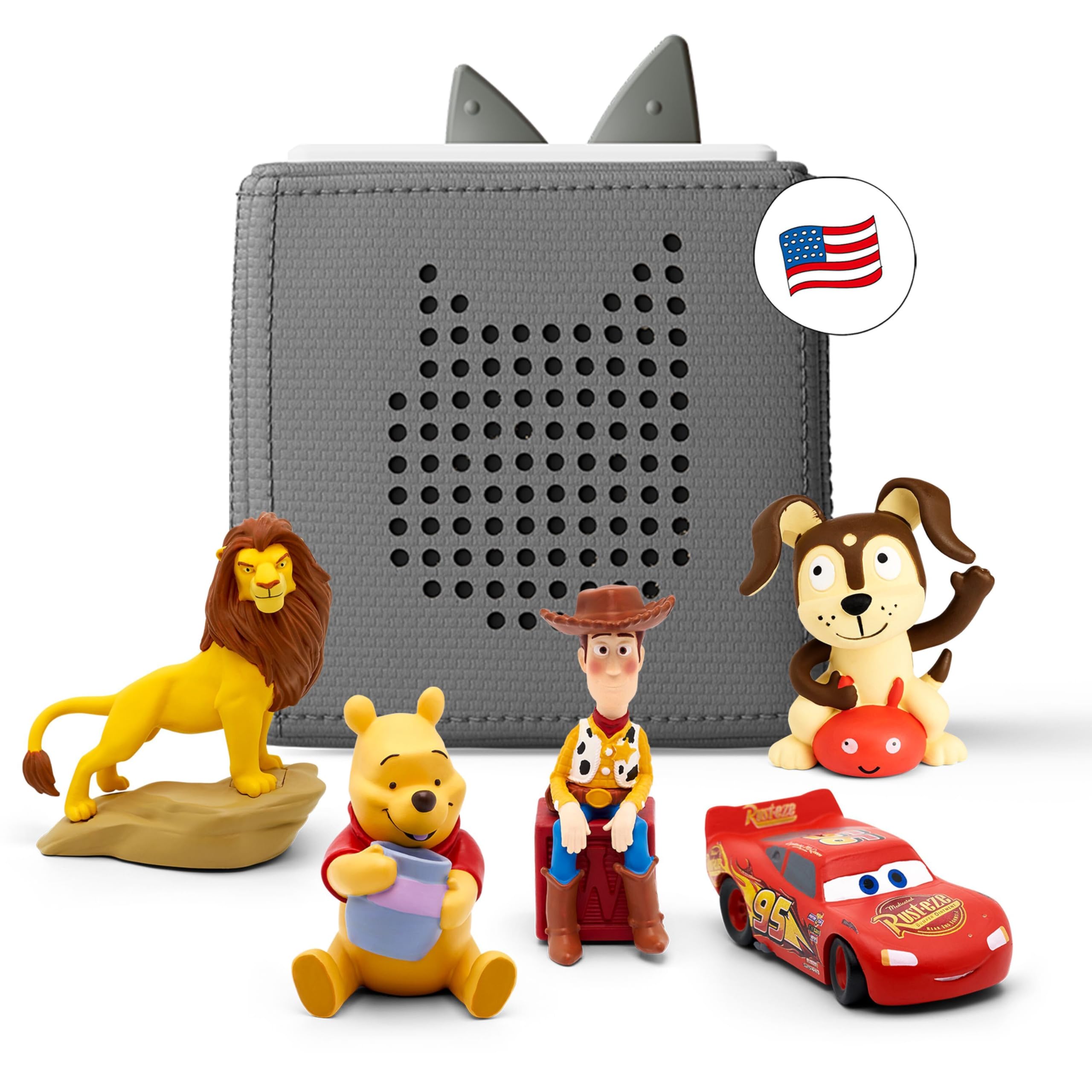 Toniebox 1 Audio Player Starter Set with Woody, Lightning McQueen, Simba, Winnie-The-Pooh, and Playtime Puppy - Listen, Learn, and Play with One Huggable Little Box - Gray