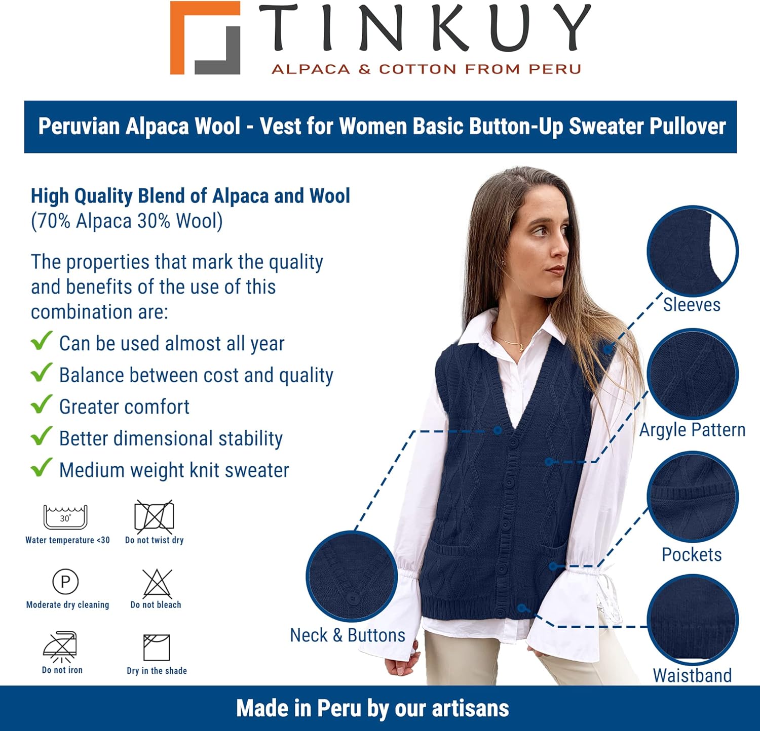 TINKUY Peru Women’s Alpaca Wool V Neck Argyle Cardigan Vest S-4XL - Image 5