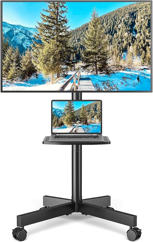 Soporte rodante para TV con estante para televisores de 23 a 65 pulgadas y hasta 88 libras | Carro de TV celular portátil con rueda silenciosa, soporte de TV de esquina ajustable en altura e inclinación para dormitorio, sala de estar y oficina