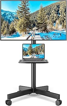 Rfiver Rolling TV Stand with Shelf for 23-65 inch TVs up to 88lbs | Portable Mobile TV Cart with Silent Wheel, Tilt & Height Adjustable Corner TV Stand for Bedroom, Living Room, Office