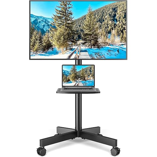Rfiver Rolling TV Stand with Shelf for 23-65 inch TVs up to 88lbs | Portable Mobile TV Cart with Silent Wheel, Tilt & Height Adjustable Corner TV Stand for Bedroom, Living Room, Office