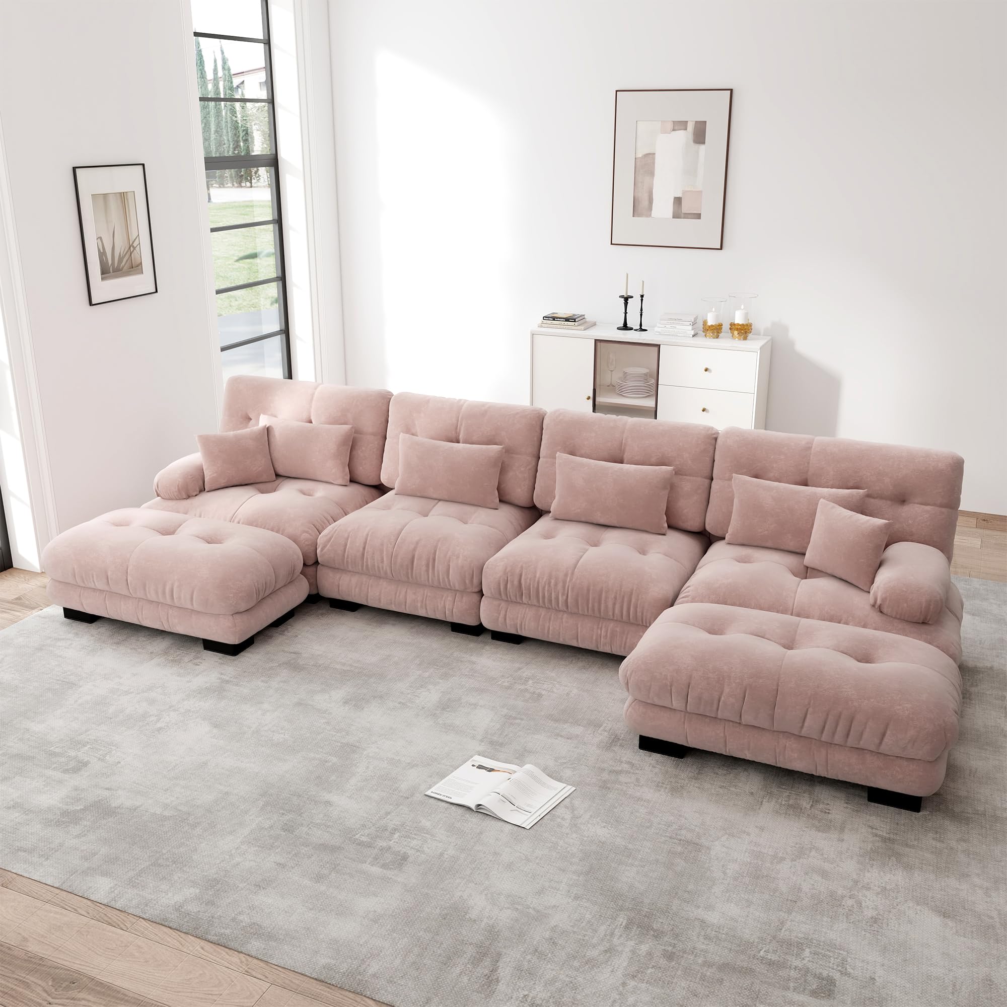 Muskel Sofá esquinero modular, juego de sofá en forma de U para salón, 4 plazas, cómodos sofás en la nube con otomano móvil, combinación de bricolaje, chenilla, marrón claro (rosa)