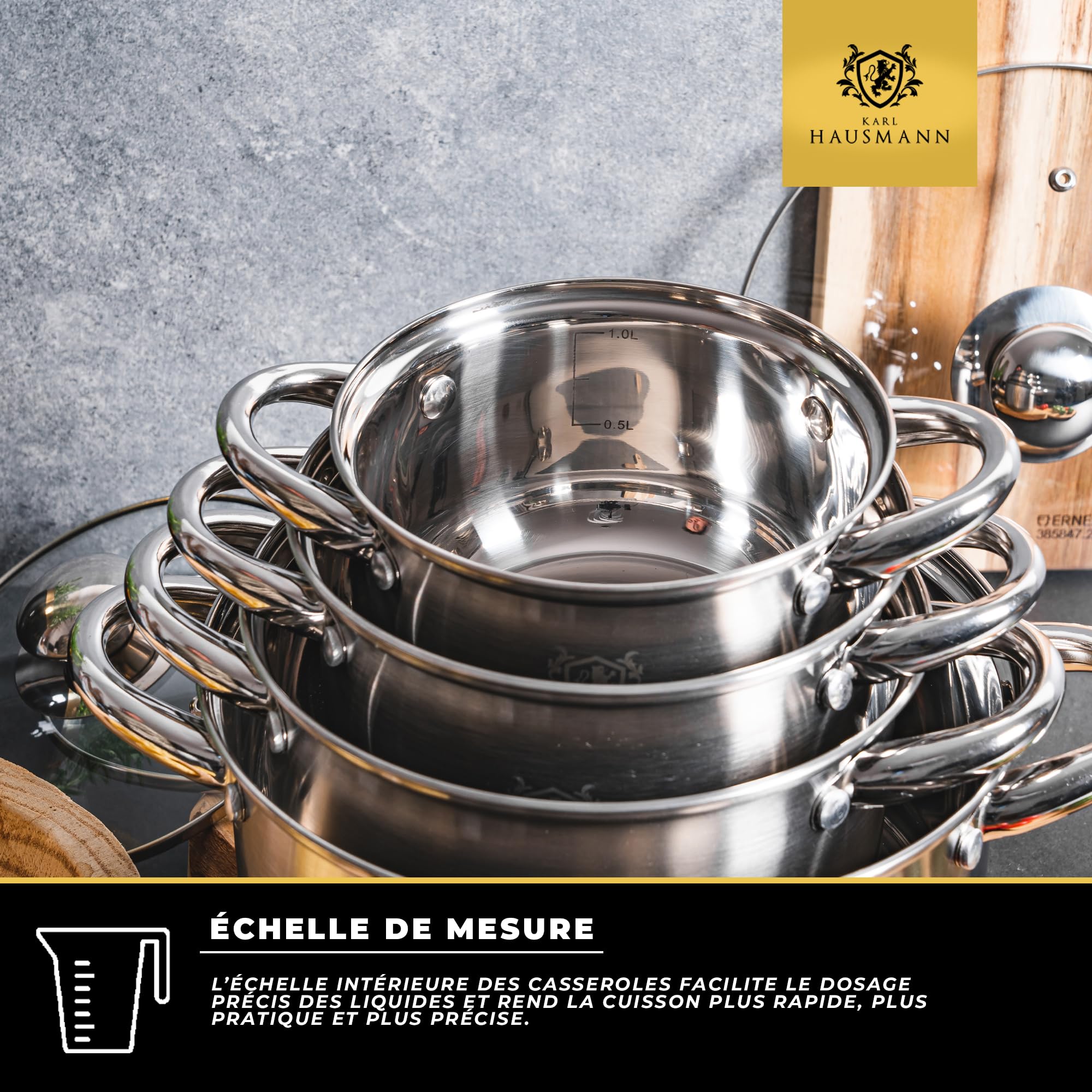 KARL HAUSMANN Lot de 4 Casseroles Induction Inox - Avec Couvercle Verre - Sans Revêtement - Compatibles Cuisinière, Gaz, Électrique - Graduation Intégrée - Set Casserole Tout Feux Cuisine