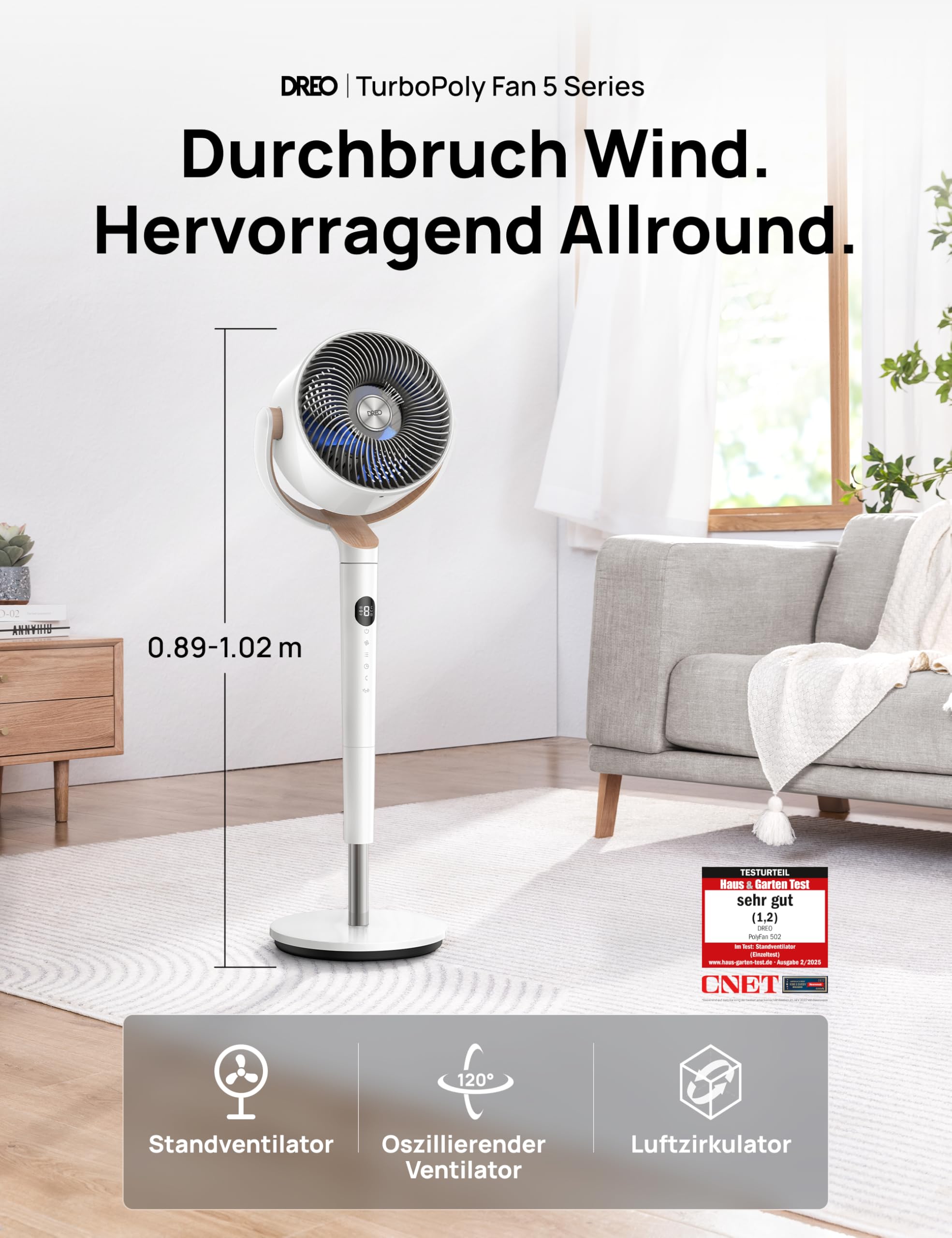 DREO 23dB leiser Standventilator, 120°+120° Omni-direktionale oszillierende Ventilator, 27M Windentfernung, 1615 m³/h Luftvolumen Echt Turbo-Luftzirkulator Fans, 89-102cm Höhe 3 Modi 8-Geschwindigkeit