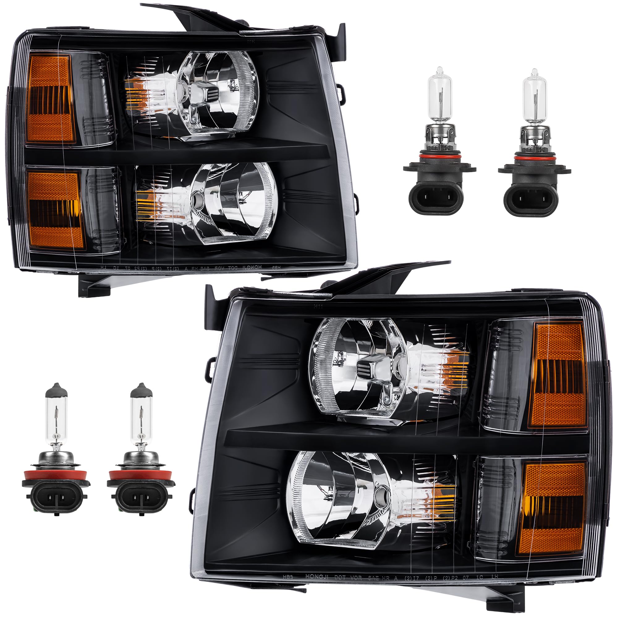 KUIPERAUTO Headlight Assembly Compatible with 2007-2013 Chevy Chevrolet Silverado 1500 2500HD 3500HD Front Lamp with Bulb Black Housing/Clear Lens/Amber Corner