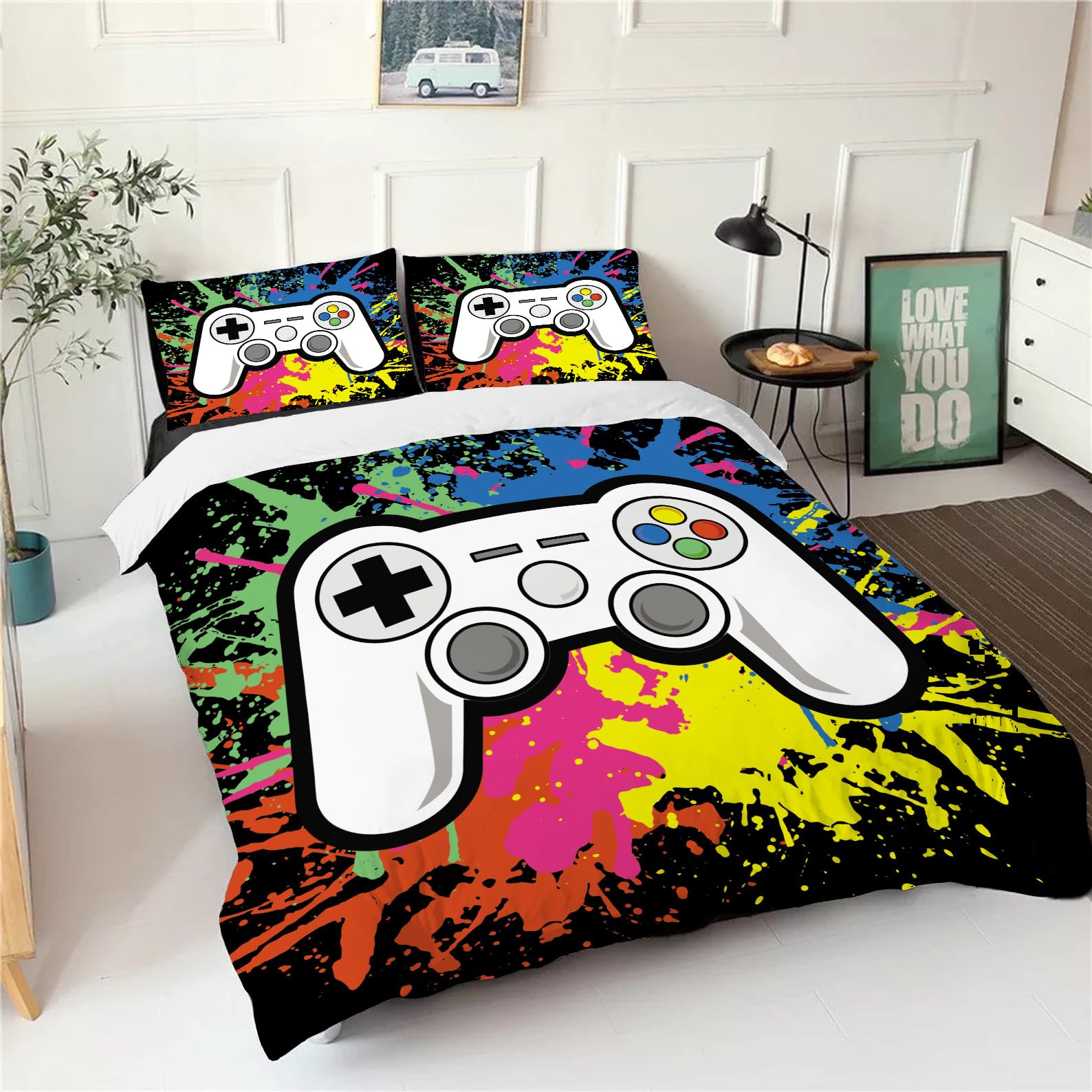 Yasida Gaming Bedding Double Quilt Cover Gamer Bedding Boys Double Duvet Set including Colourful For Teenage/Boy Soft Microfibre Kids Double Duvet Set 200x200 And 2 Pillowcase 50x75 Gaming Bedroom