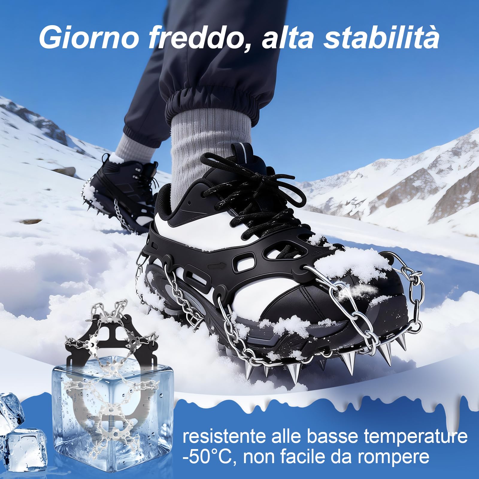 TOMSHOO Ramponi per Scarponi, 32 Denti Ramponi da Ghiaccio Catene in Acciaio Inossidabile con Cinghie, Ice Tacchetti Universali Trazione per Neve Ghiaccio Moutaineering Escursionismo
