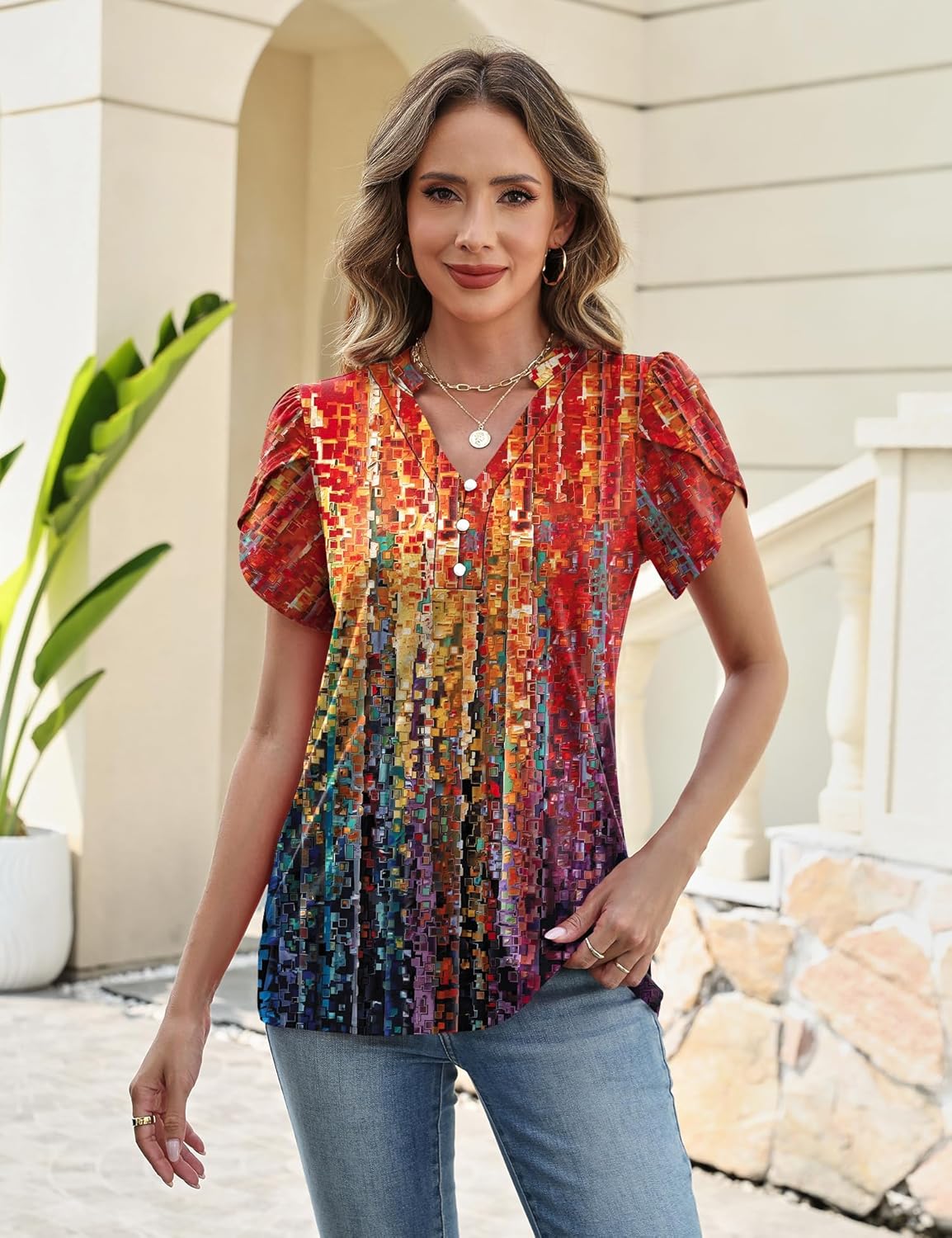 Rapbin Womens Spring Summer Petal Short Sleeve Tops V Neck Tunic Business Work Blouses Fashion 2026 - Image 5