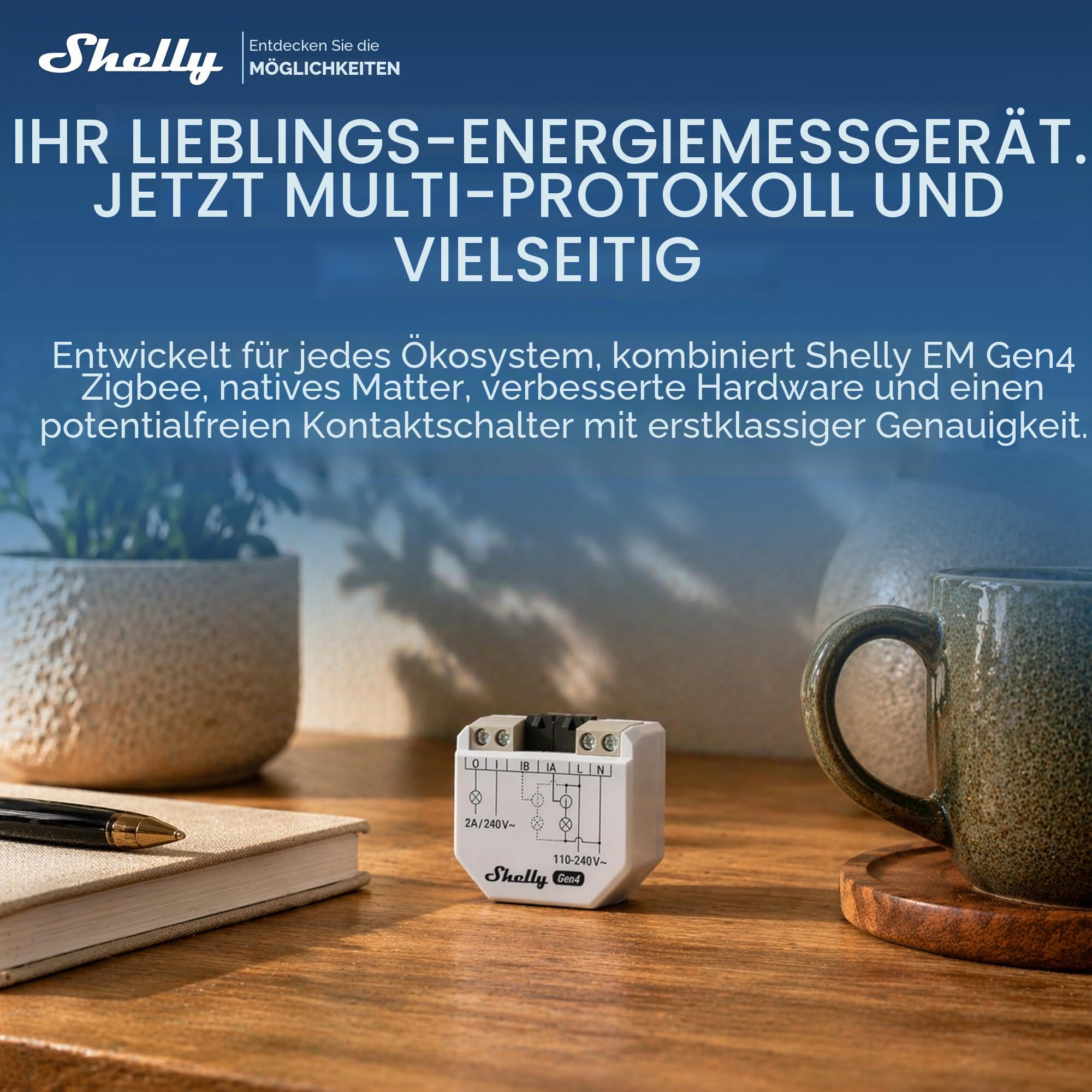 Shelly EM Gen4 - WLAN Smart Energiemonitor, Echtzeit-Stromverbrauchsmessung, 2-Kanal Einphasig, 50A Stromwandler inklusive, Schützsteuerung, Matter-kompatibel, Kein Hub erforderlich