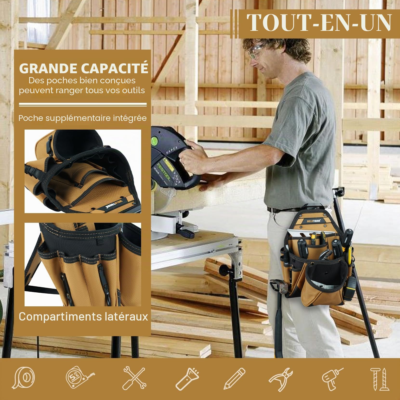 MELOTOUGH Pochettes de ceinture pour outils d'électricien avec clip de ceinture, pochette de rangement pour outils utilitaires, pochette de rangement avec béquille arrière pour marteau