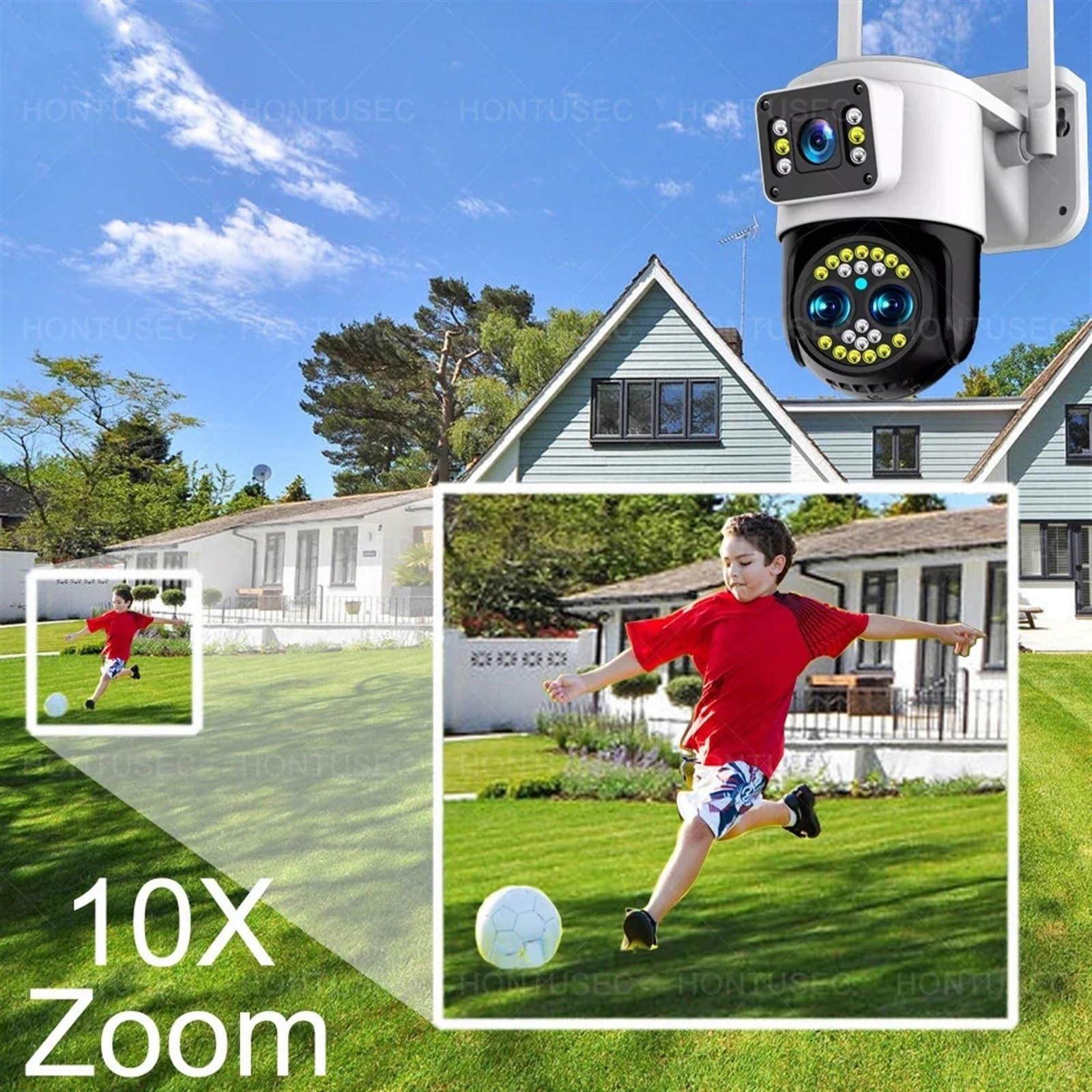 4K 8MP Tre lenti PTZ Doppi schermi Zoom ottico 10X Visione notturna a colori Monitoraggio automatico Telecamera IP di sorveglianza esterna per la sicurezza domestica(8MP Camera 64GB)