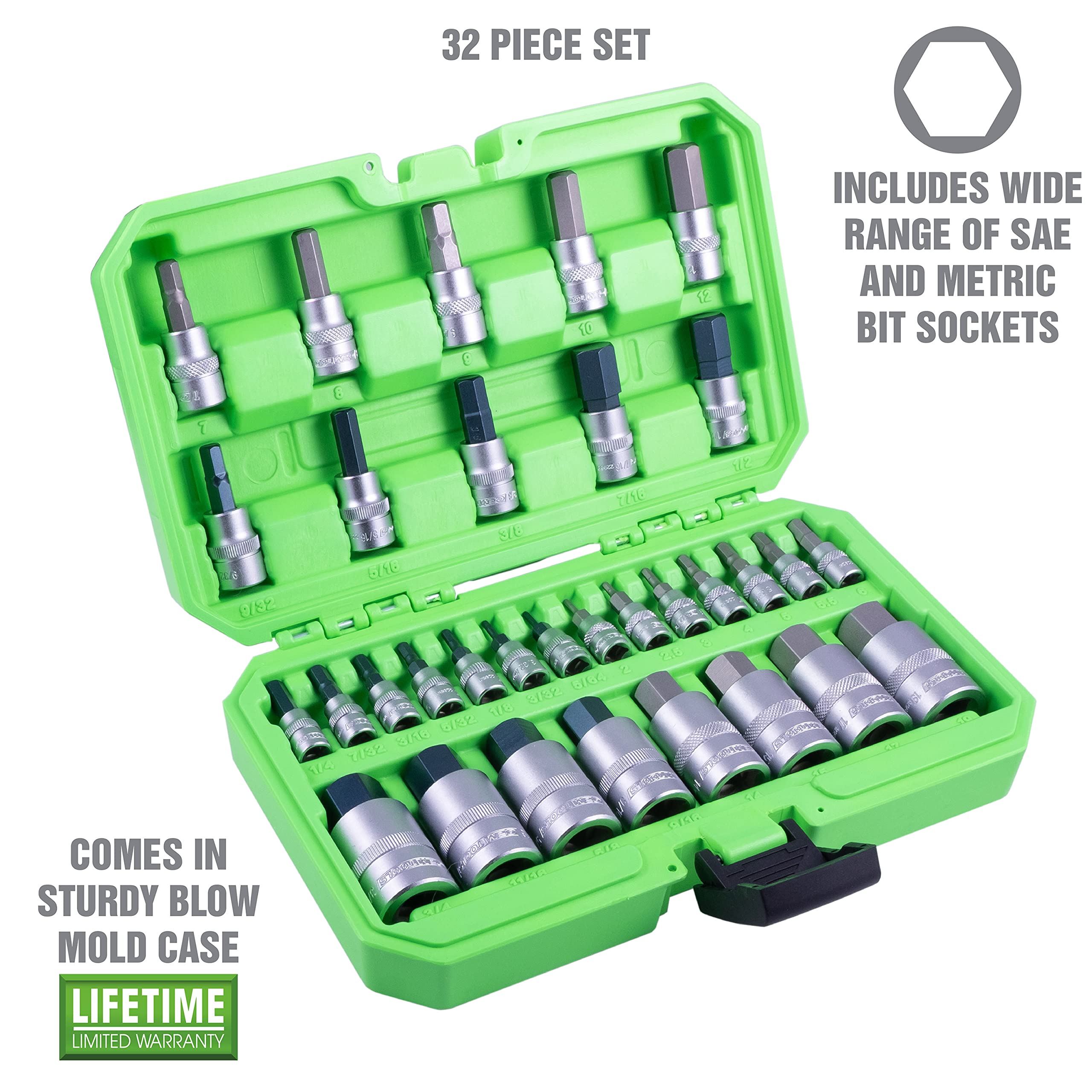 OEMTOOLS 22989 Juego de 32 llaves de vaso hexagonales, SAE y métricas, juego de llaves de vaso hexagonales de 1/2", 1/4" y 3/8" métrico y SAE incluido
