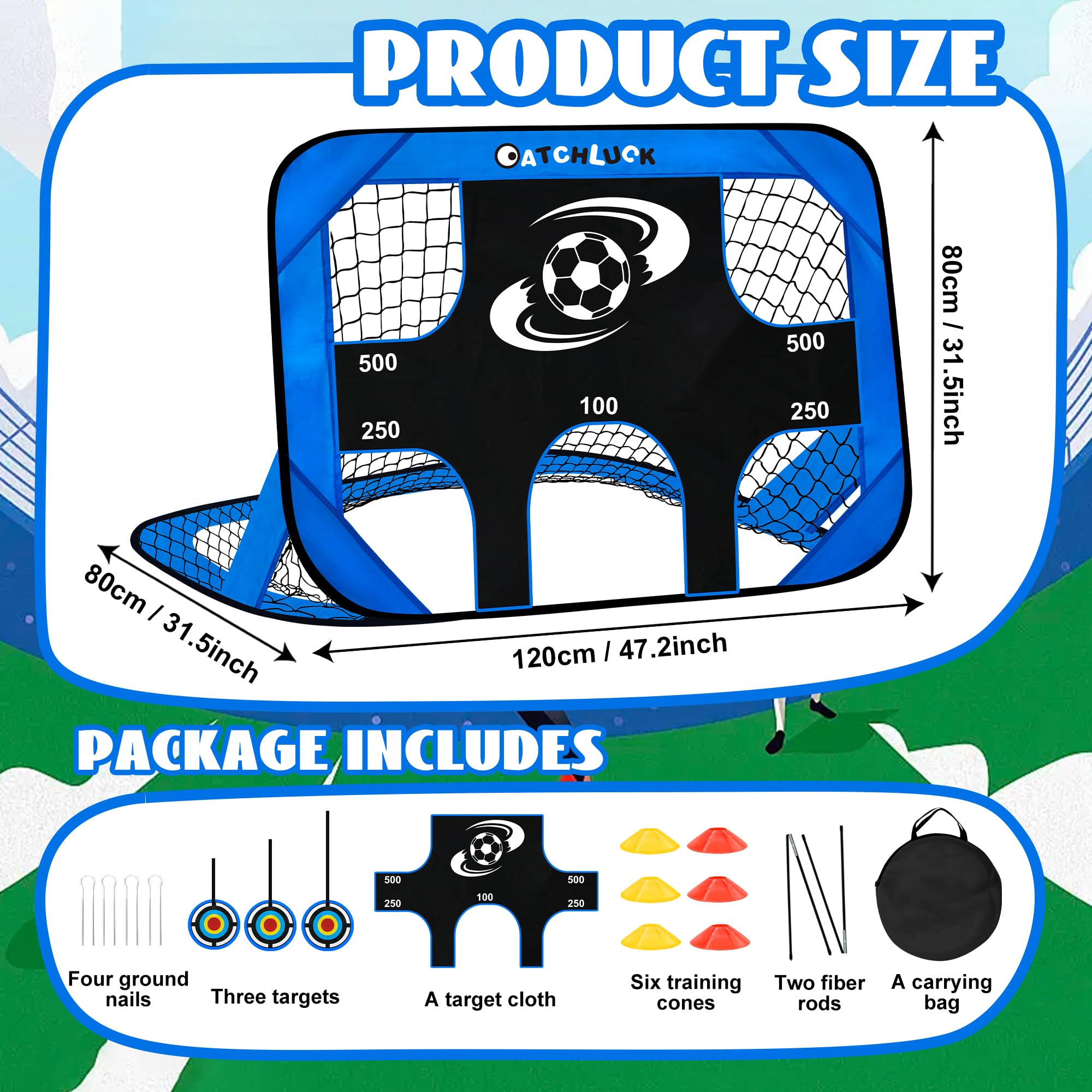 CATCHLUCK Porta da calcio per bambini, reti da calcio per giardino, 4 in 1, bersaglio per bambini, blu