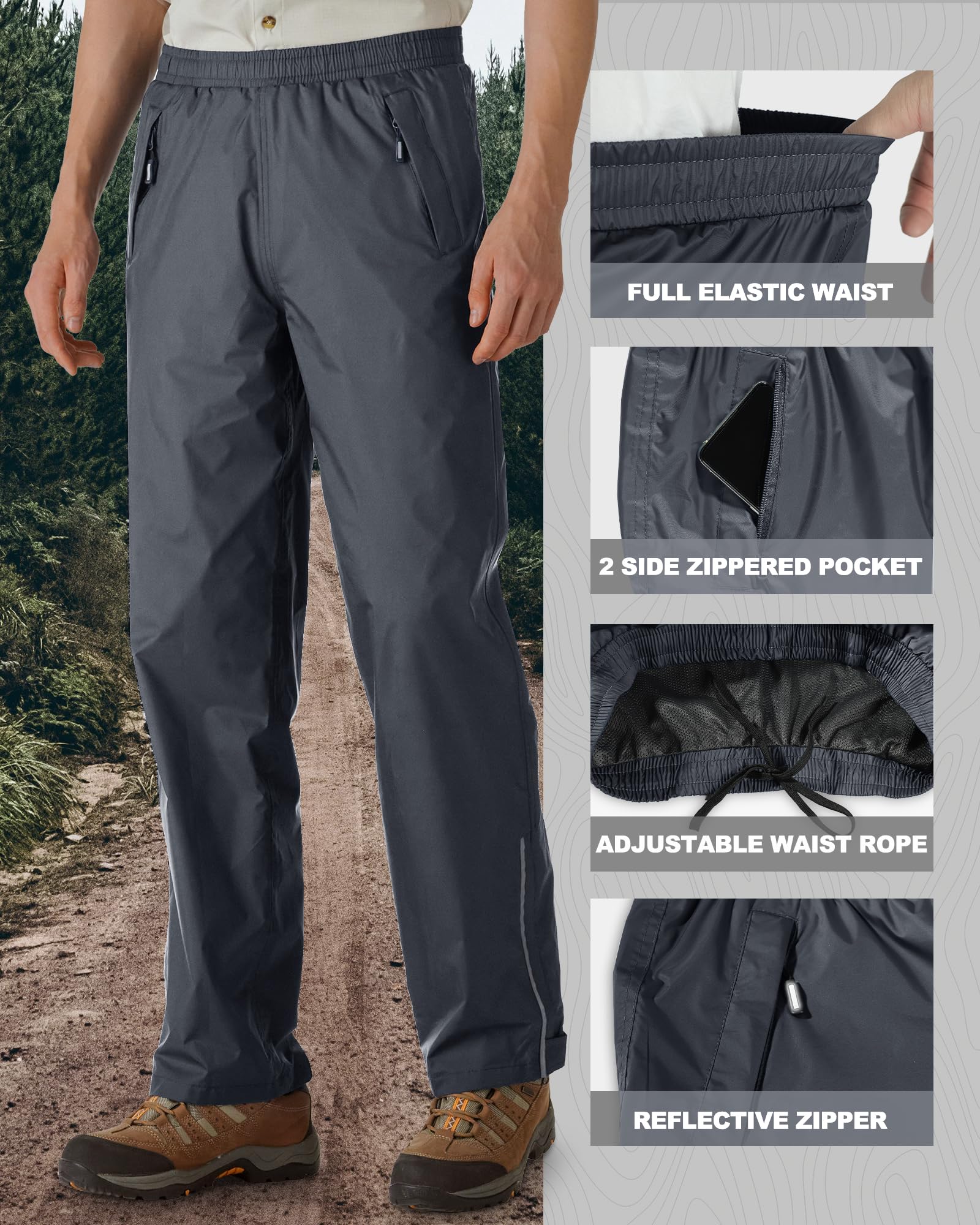 Outdoor Ventures Pantalon de pluie pour homme - Imperméable - Respirant - Coupe-vent - Pantalon de randonnée - Léger - Pliable, gris foncé, W46