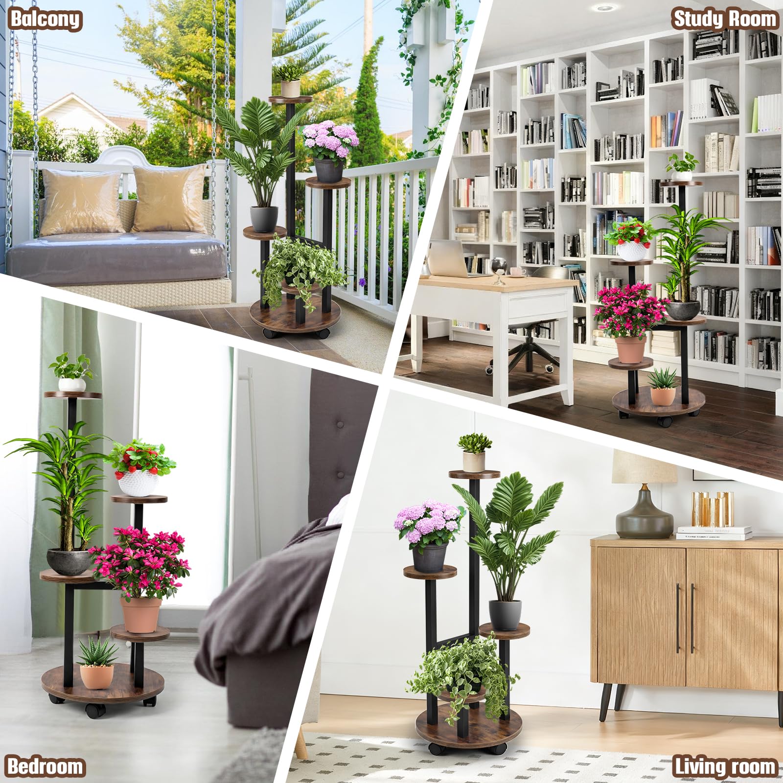 Porte-Plantes Rond sur Roulettes, 5 Étagères, 85 cm de Hauteur, Support en Métal et Bois, Stabilité et Gain de Place pour Salon, Balcon