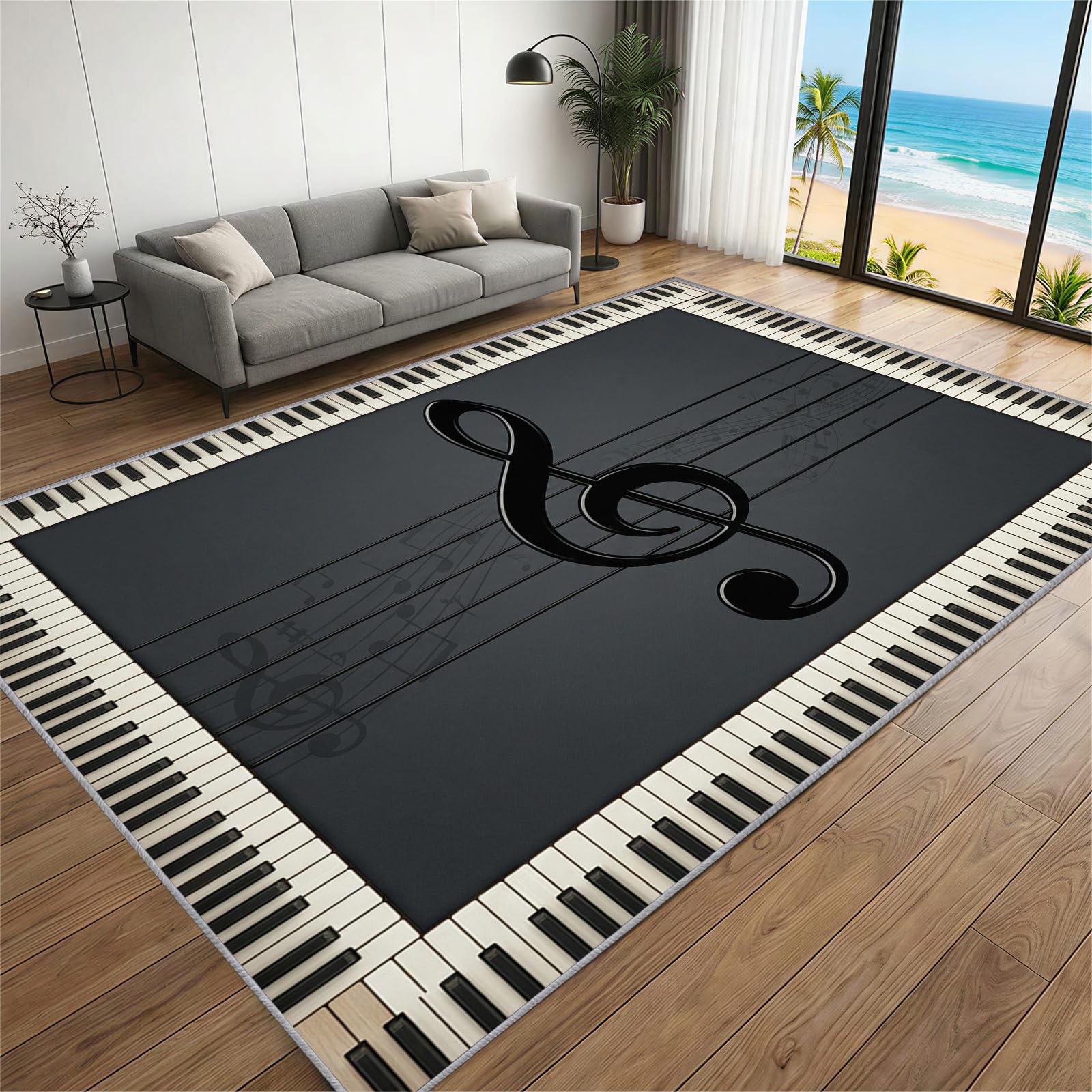 BEQUTIY Piano Note Carpet 60 x 90 cm, Musical Instrument Drum Soundproof Mat Rug for Living Room, Dark Gray Musical Note Carpet, Machine Washable Novelty Rugs for Entertainment Fitness Area