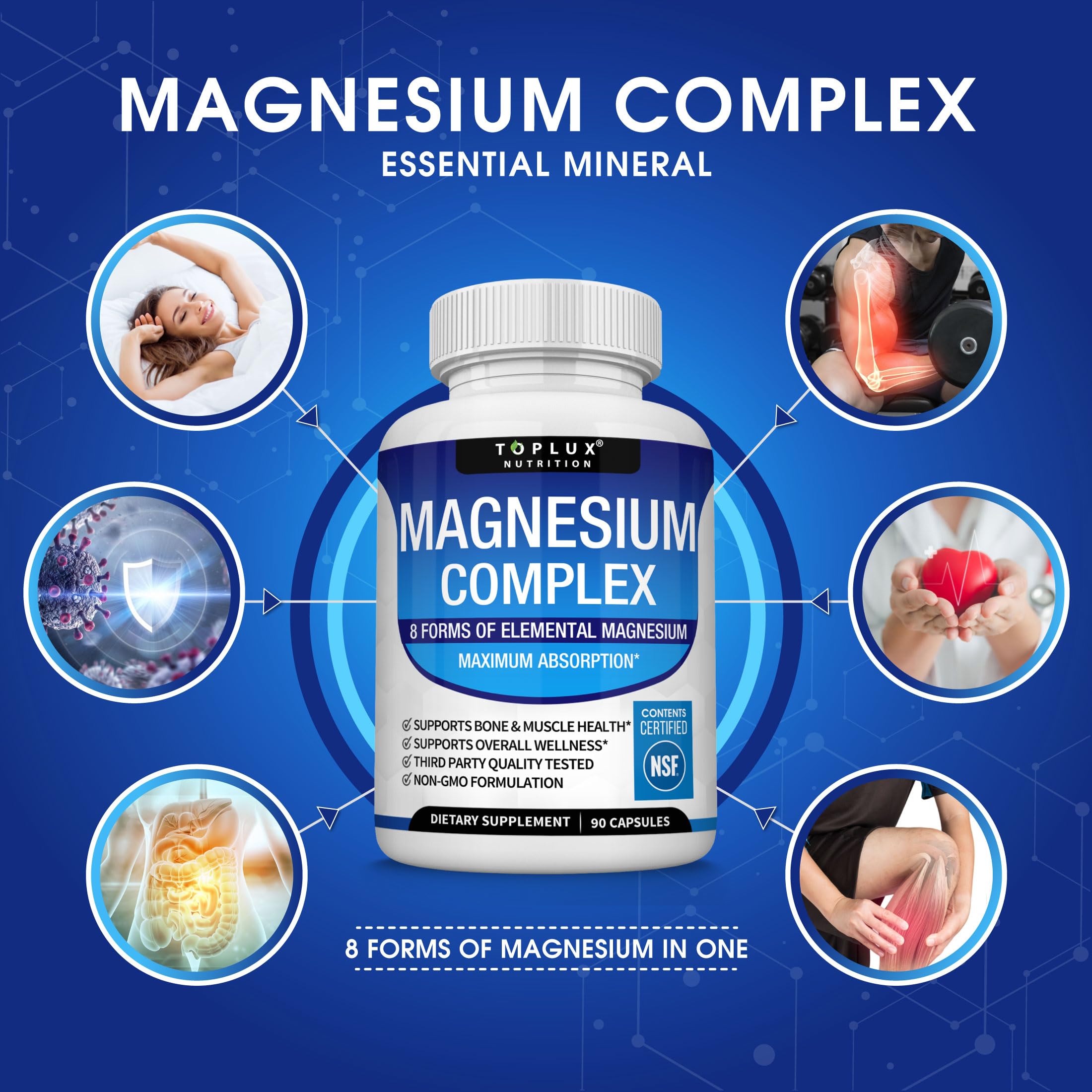 Toplux Magnesium Complex Supplement 8 Elemental - Magnesium Glycinate, Citrate, Malate, Taurate, Chelated for Easy Absorption for Bones, Muscle, Recovery, Energy, Vegan Non-GMO 90 Capsules — Amazon image 2