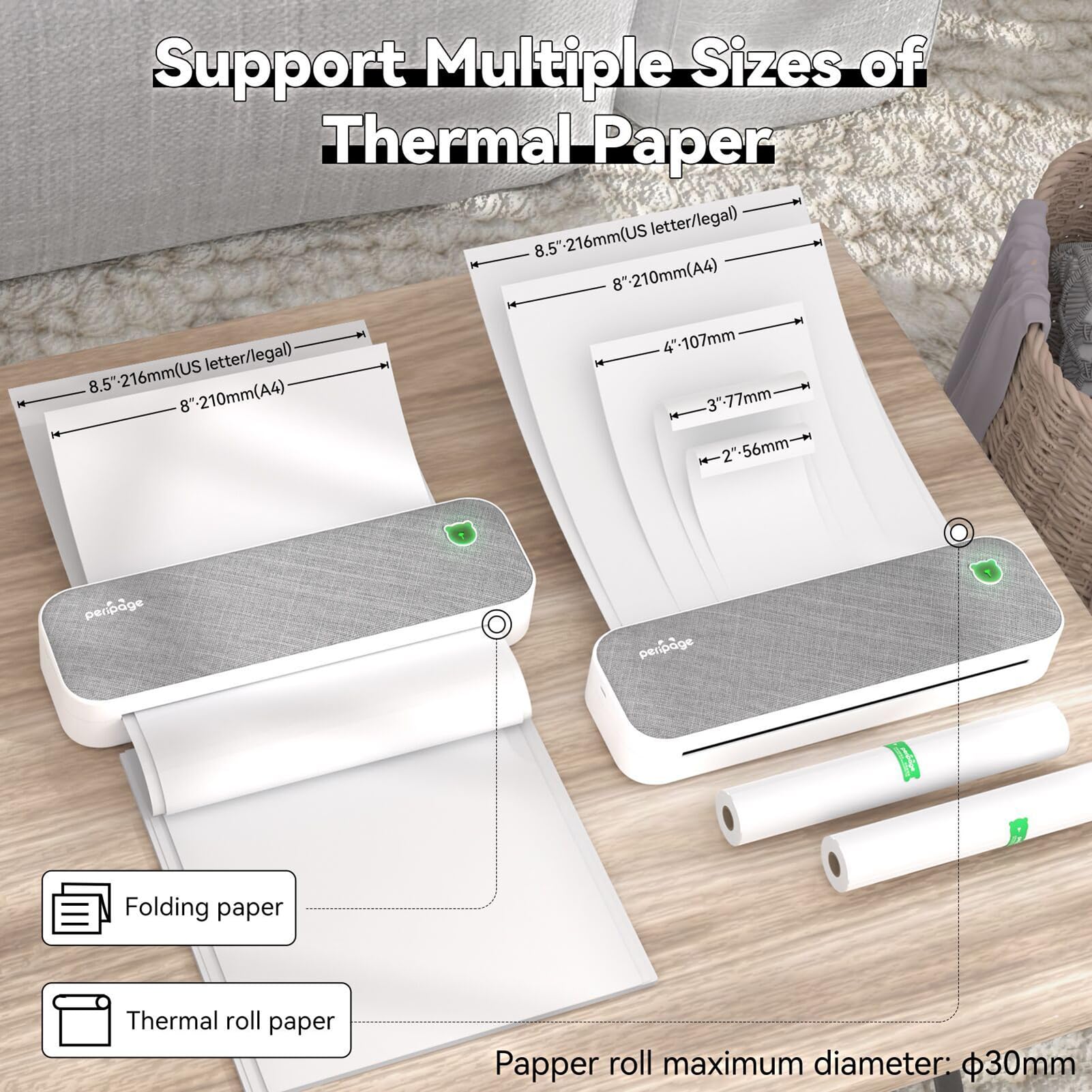 Stampante carta formato A4, trasferimento termico diretto, stampante wireless portatile, 210 mm, mini stampante fotografica porta USB BT, con 1 rotolo di carta termica, supporta carta da 2