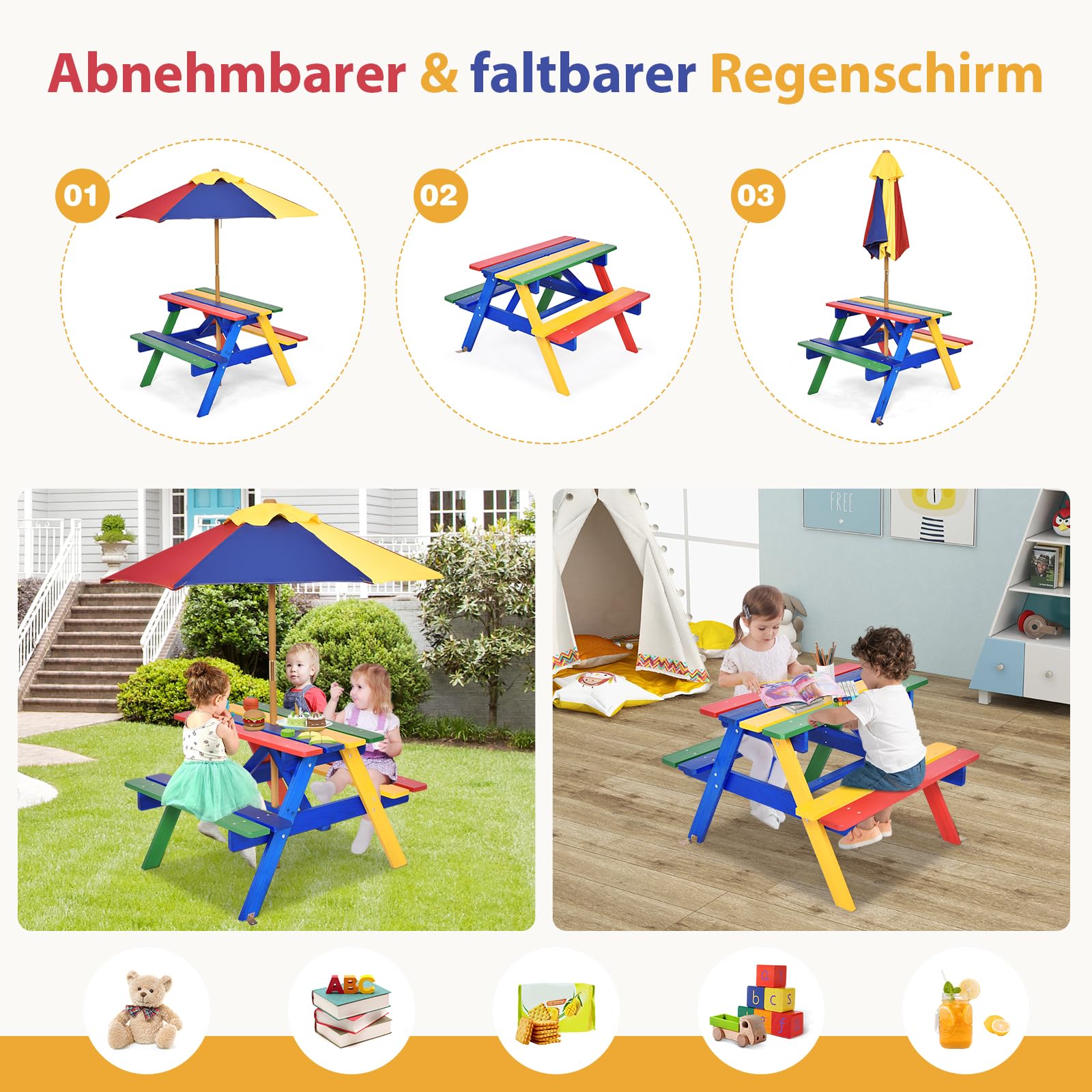 SOARS Table de Pique-Nique pour Enfants avec Parasol Réglable, Table et Bancs en Bois de Sapin pour Enfants avec Parasol, Salon de Jardin et Parc, 140 cm (Multicolore)