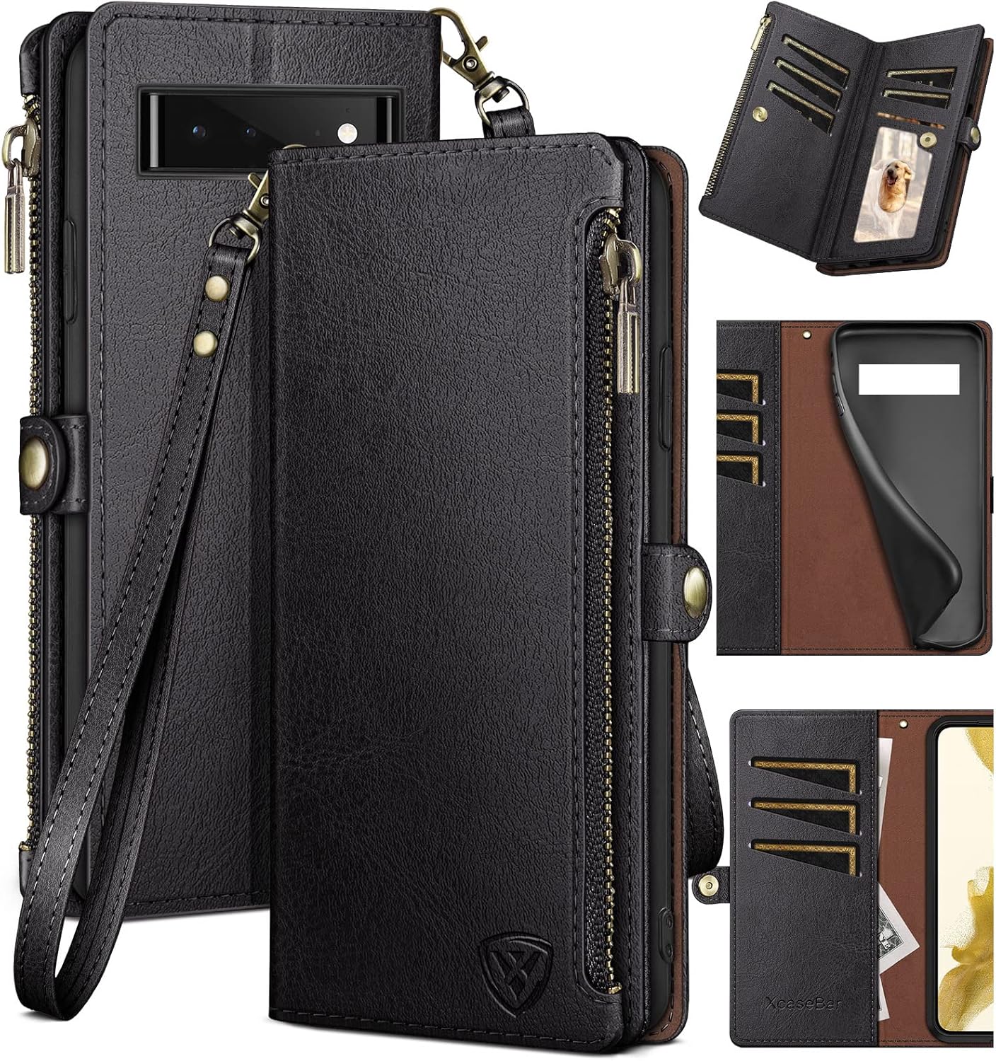 XcaseBar for Google Pixel 6A Wallet case with Zipper Credit Card Holder【RFID Blocking】, Flip Folio Book PU Leather Phone case Shockproof Cover Women Men for Google Pixel 6A case Black