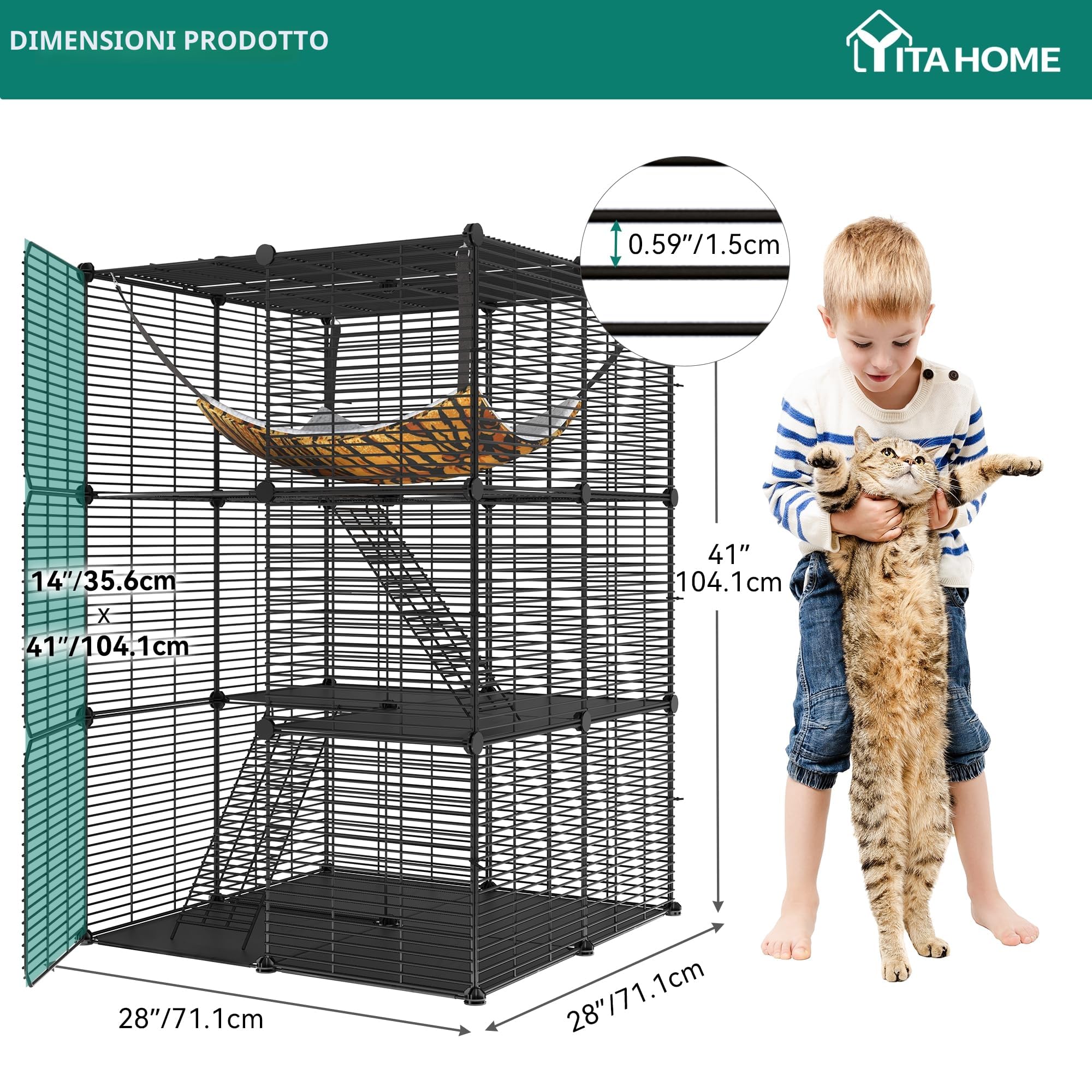 YITAHOME Gabbia per Gatti da Esterno/Interno, Recinto per Gatti a 3 Livelli con Amaca Extra Large, Gabbia per Animali Domestici con Filo Metallico Denso per 1-2 Gatti, Cincillà, Coniglio, Nero