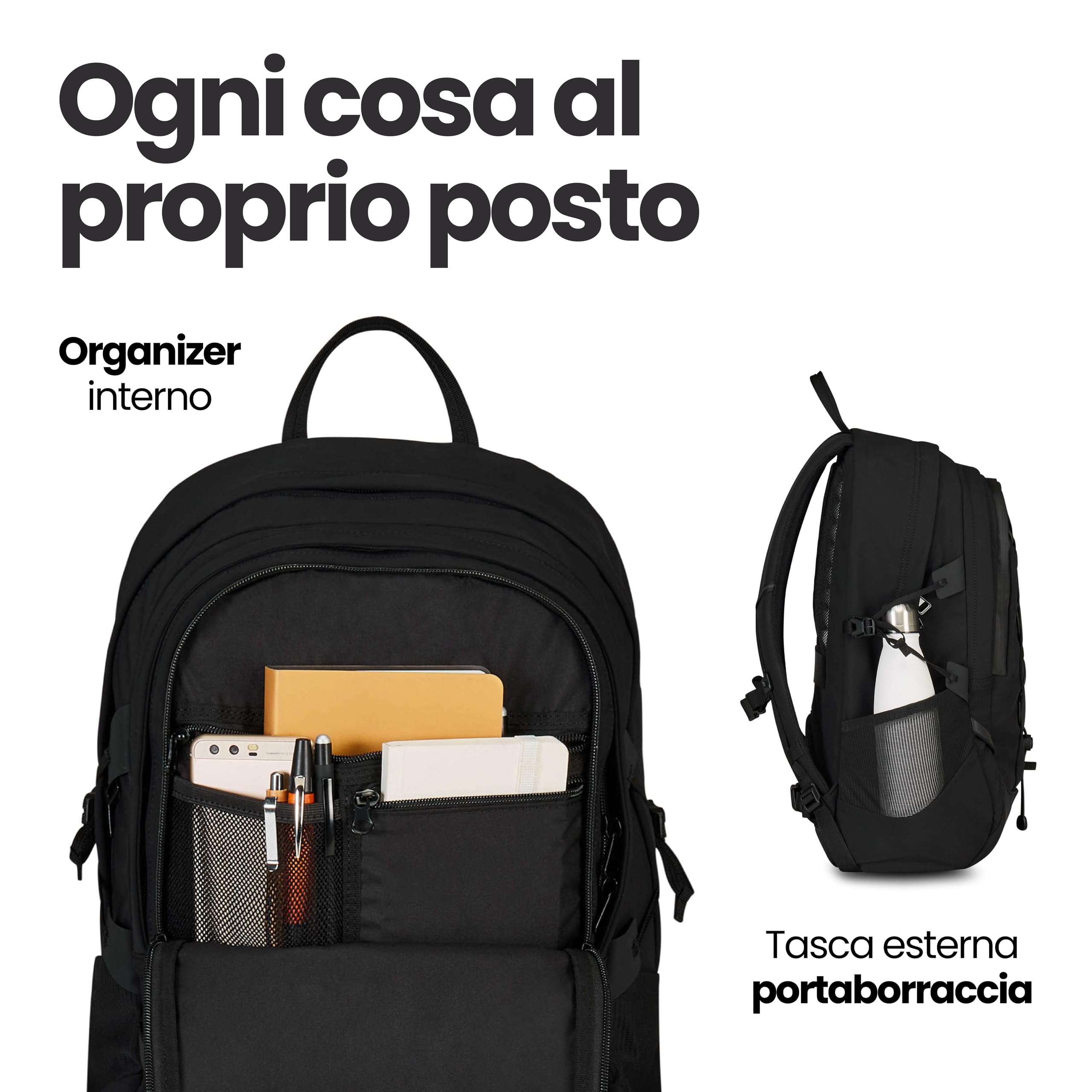 Invicta Zaino Lavoro Act Plus, Nero, Doppio Scomparto Con Tasca PC 14", Tasca Borraccia e Fondo Rinforzato, Zaino Capiente e Versatile da 29 L Per Ufficio e Università, Per Uomo e Donna