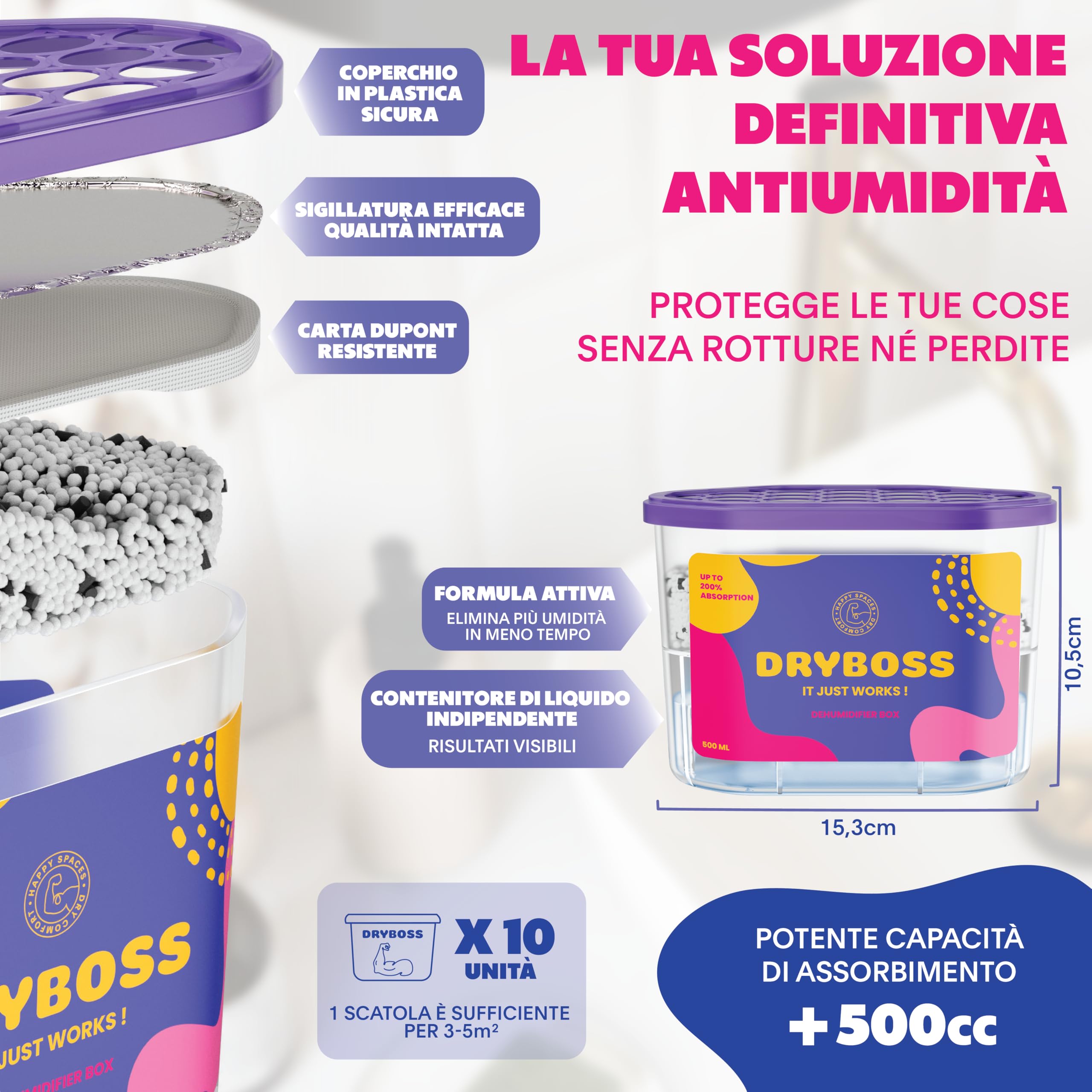 10 Sacchetti Assorbiumidità - Deumidificatore Naturale Per Armadi E Piccoli Ambienti