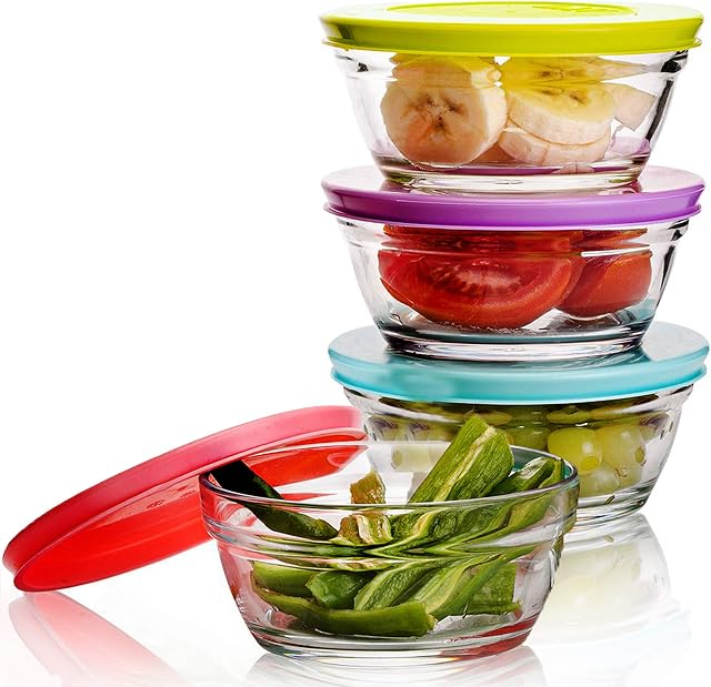 CRYSTALIA Round Glass Bowls with Lids, Set of 4, 250ml 100% LEAD FREE Dessert Bowls, Salad Bowls, Small Bowls, Glass Serving Bowls, Stackable Glass Food Storage Containers, Glass Meal Prep Containers