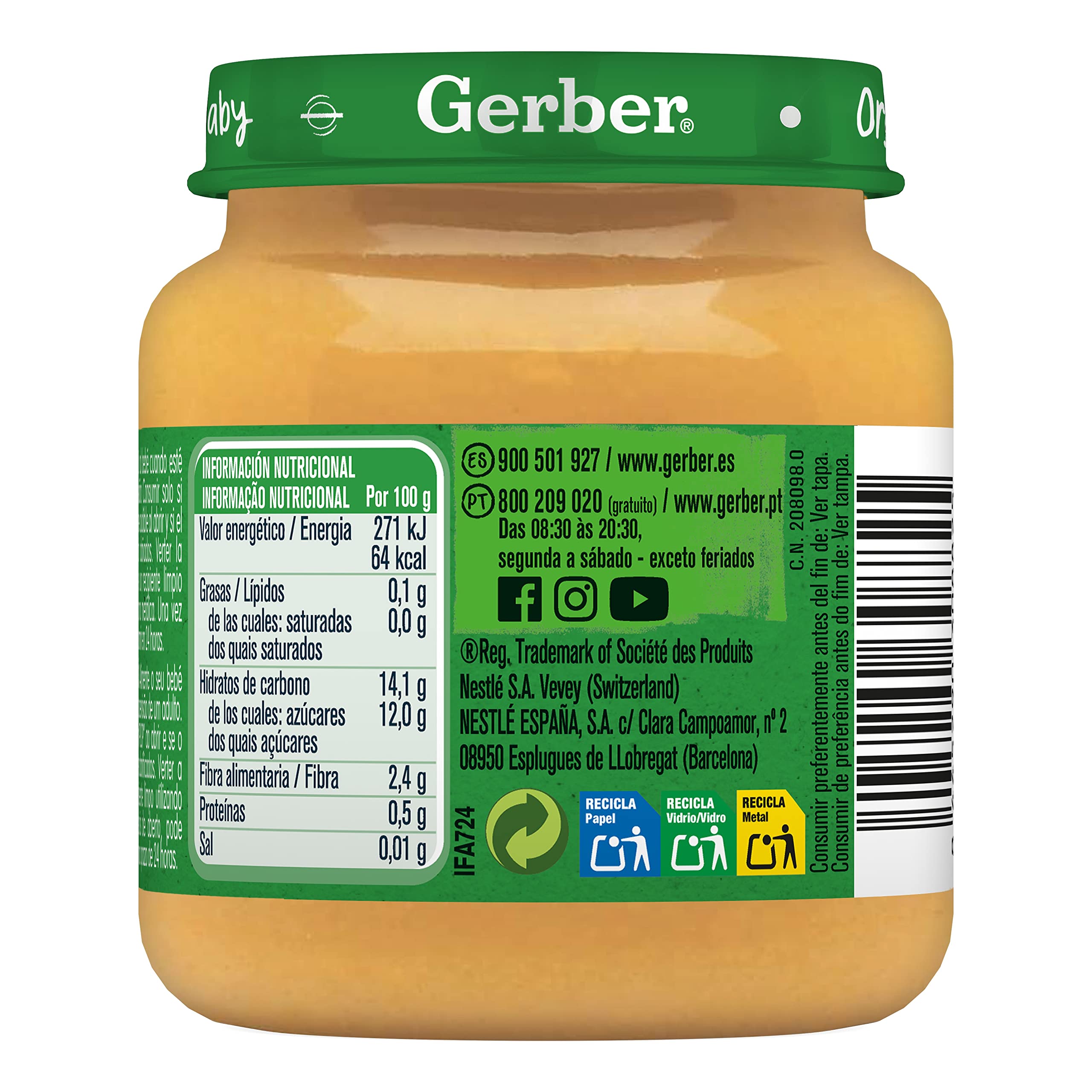 GERBER Organic Pera y Plátano Puré para Bebés 6x125g