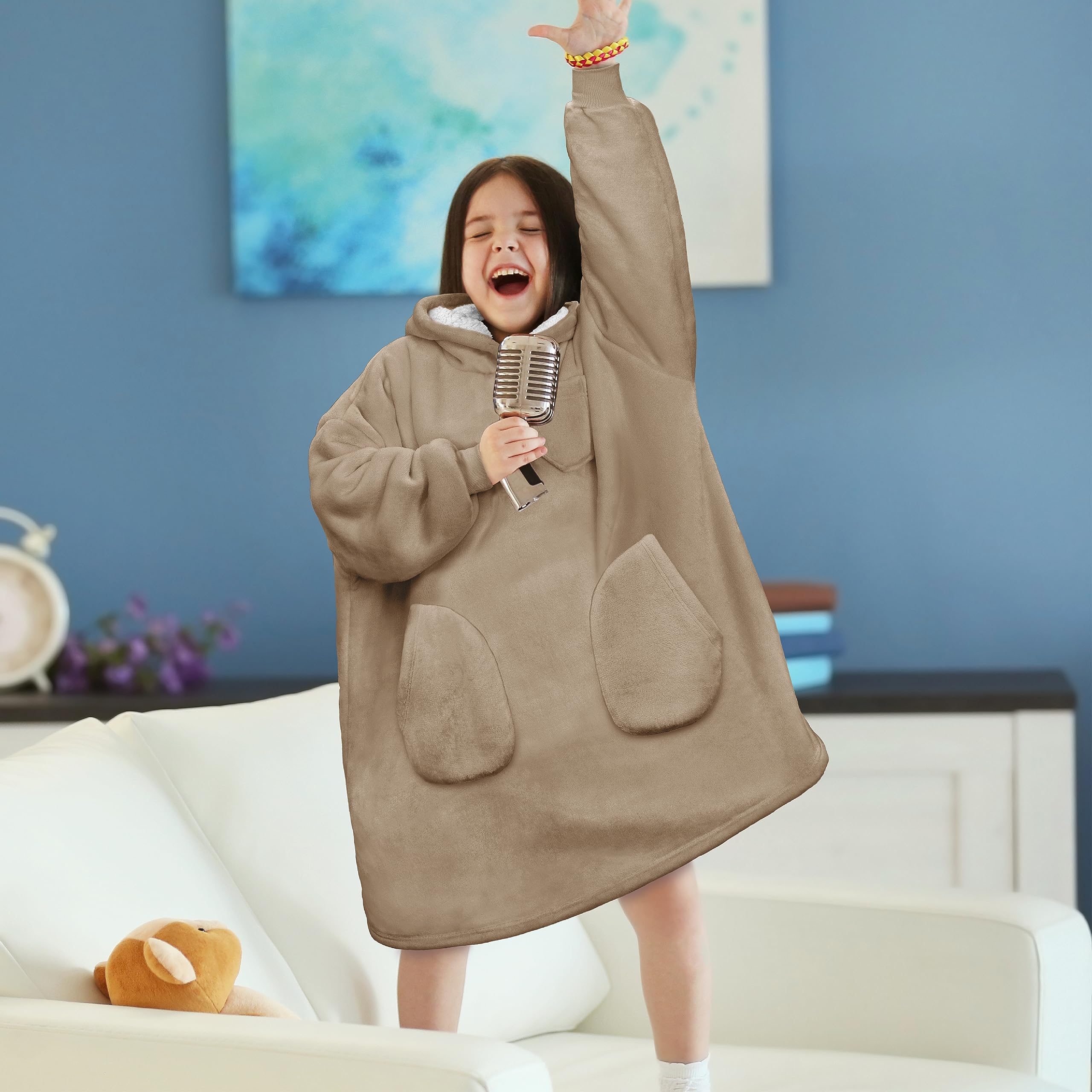 PAVILIA Coperta indossabile per bambini e bambine, calda e accogliente felpa con cappuccio gigante con due tasche, in pile Sherpa con cappuccio per adolescenti