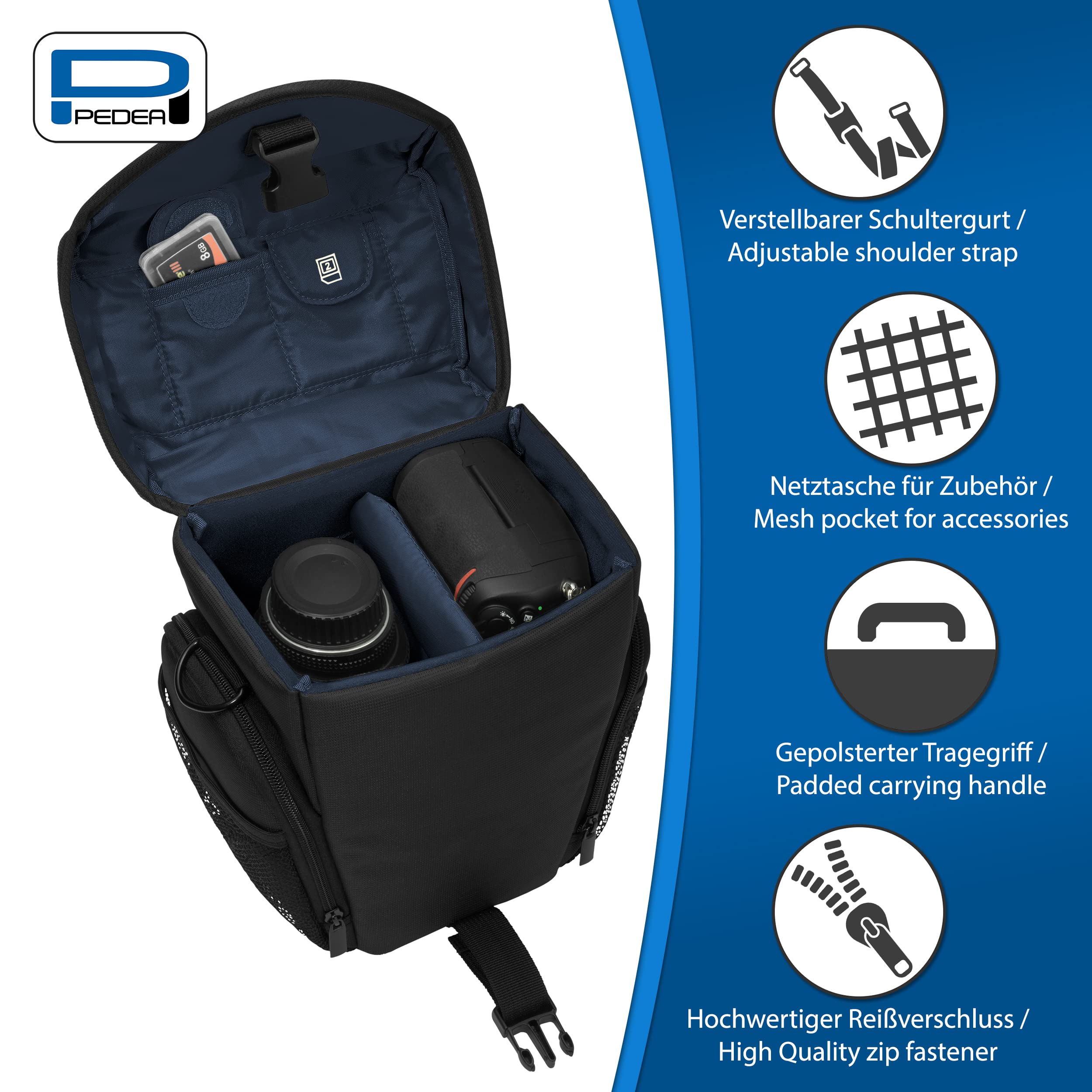 Pedea Kameratasche Essex für Spiegelreflexkamera DSLR SLR Fototasche für DLSM Systemkamera Objektive und Zubehör mit Regenschutzhülle, Gr. L blau