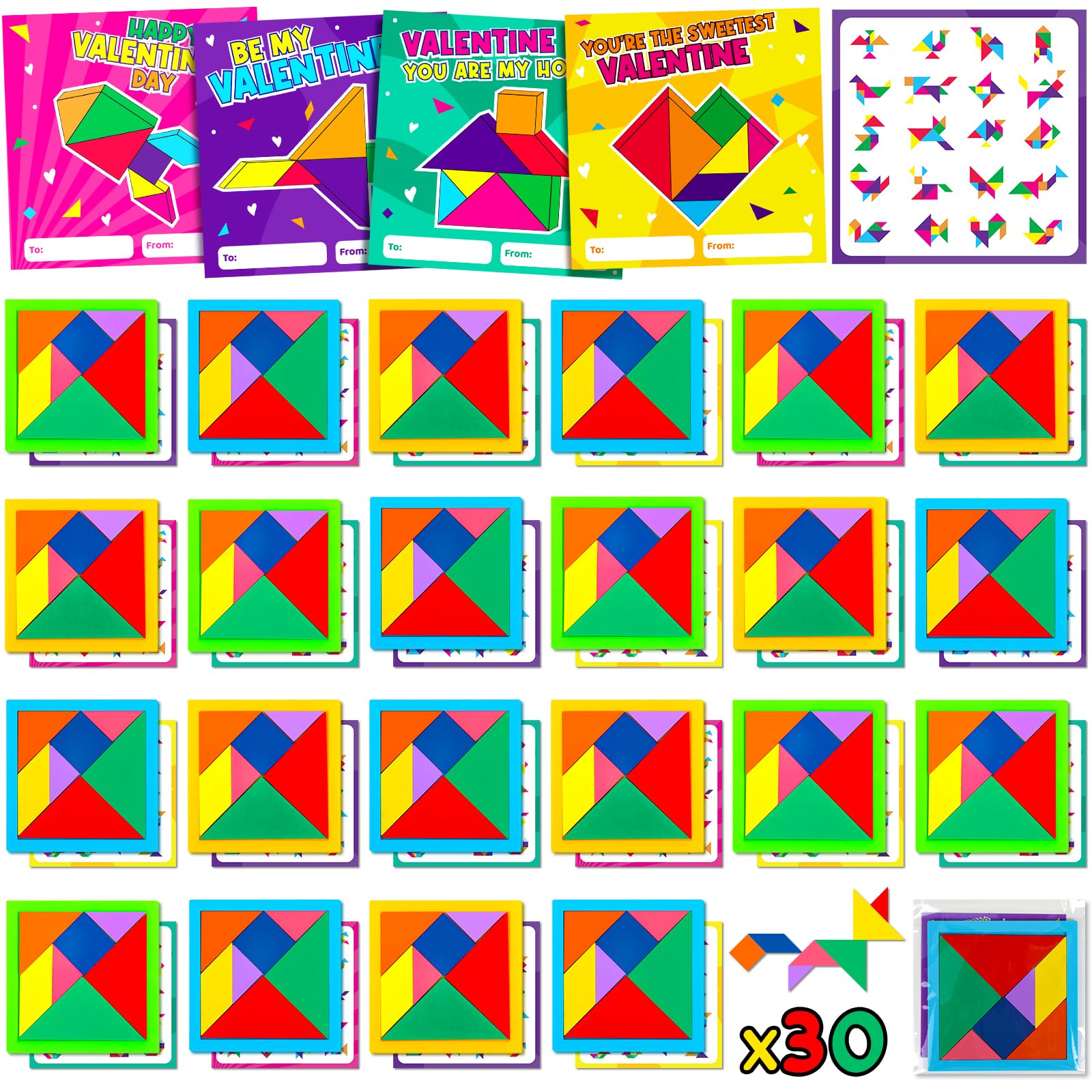 30pcs Tangram Puzzle Wooden Valentines Day Cards Gifts Kids Classroom Valentine’s Greeting Cards Classroom Exchange School Supplies Return Gifts For