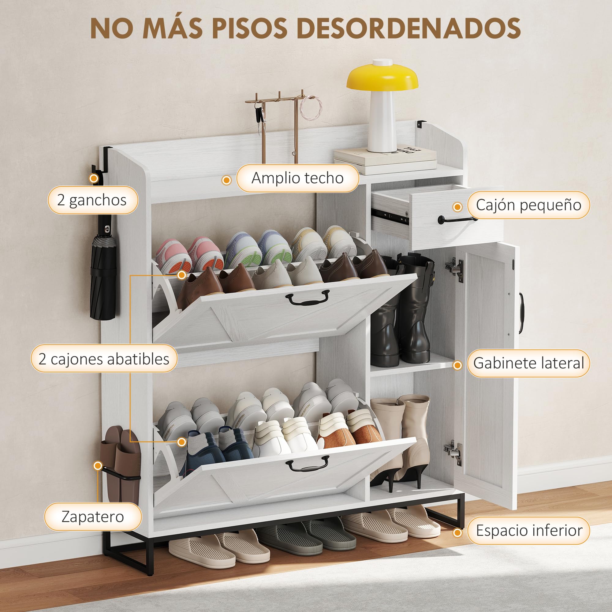HOMCOM Zapatero Estrecho con 2 Cajones Abatibles 106,7x26x116 cm Blanco | Zapatero Entrada Recibidor Rústico, con Cajón y Estantes Ajustables, para 12 Pares de Zapatos, Espacio Reducido