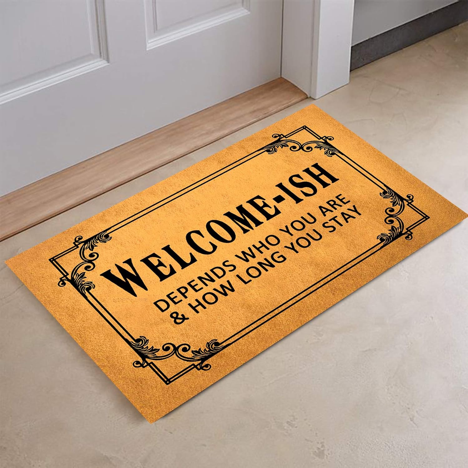 FunXiLin Funny Welcome Door Mats for Home Decor (17.7 x 29.5 inch) Gift Mats with Anti-Slip Rubber Back Kitchen Rugs Personalized Doormat for Entrance Way(Welcome-ish Depends Who You are)