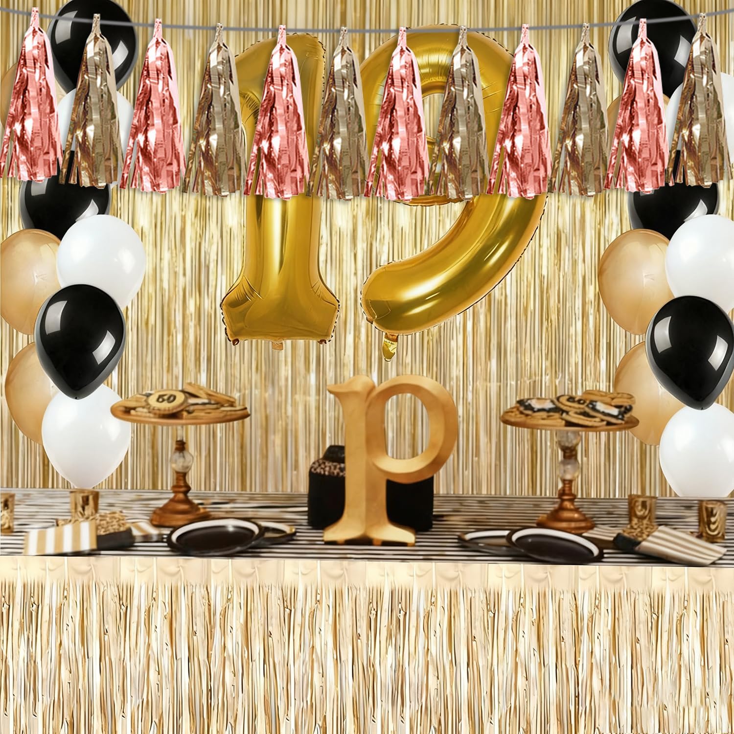 3P Rose Champagne Gold Tassel Banner Garland Metallic Foil Fringe Banner Tinsel Tassels Streamer Banner Backdrop for Parade Floats, Graduation Decorations, Wedding Party Decoration - Image 5