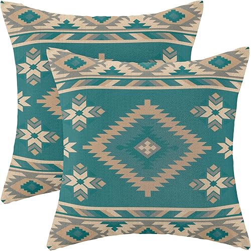 CXMEIFLY Juego de 2 fundas de almohada estilo azteca bohemio de 18 x 18 pulgadas, color verde azulado y beige, decoración geométrica del suroeste