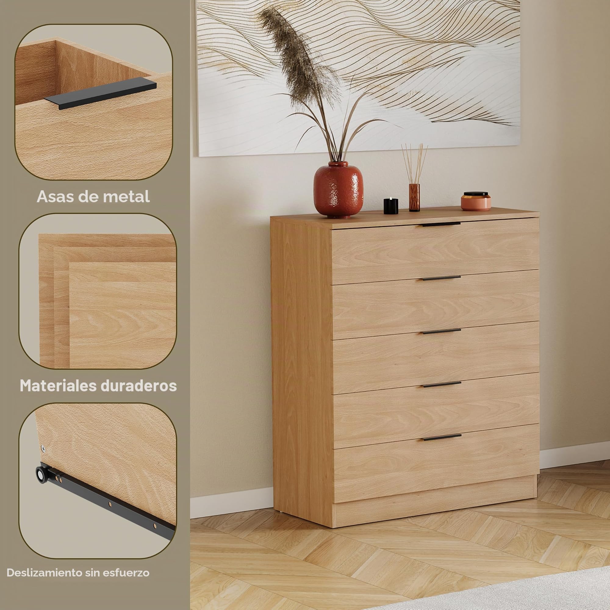 Vida Designs Trega - Cómoda de 5 cajones de Pino – Unidad de Almacenamiento compacta Que Ahorra Espacio – 90 x 66 x 36 cm – Soporte antiarco, Asas Negras Modernas, Corredores deslizantes – Ideal para