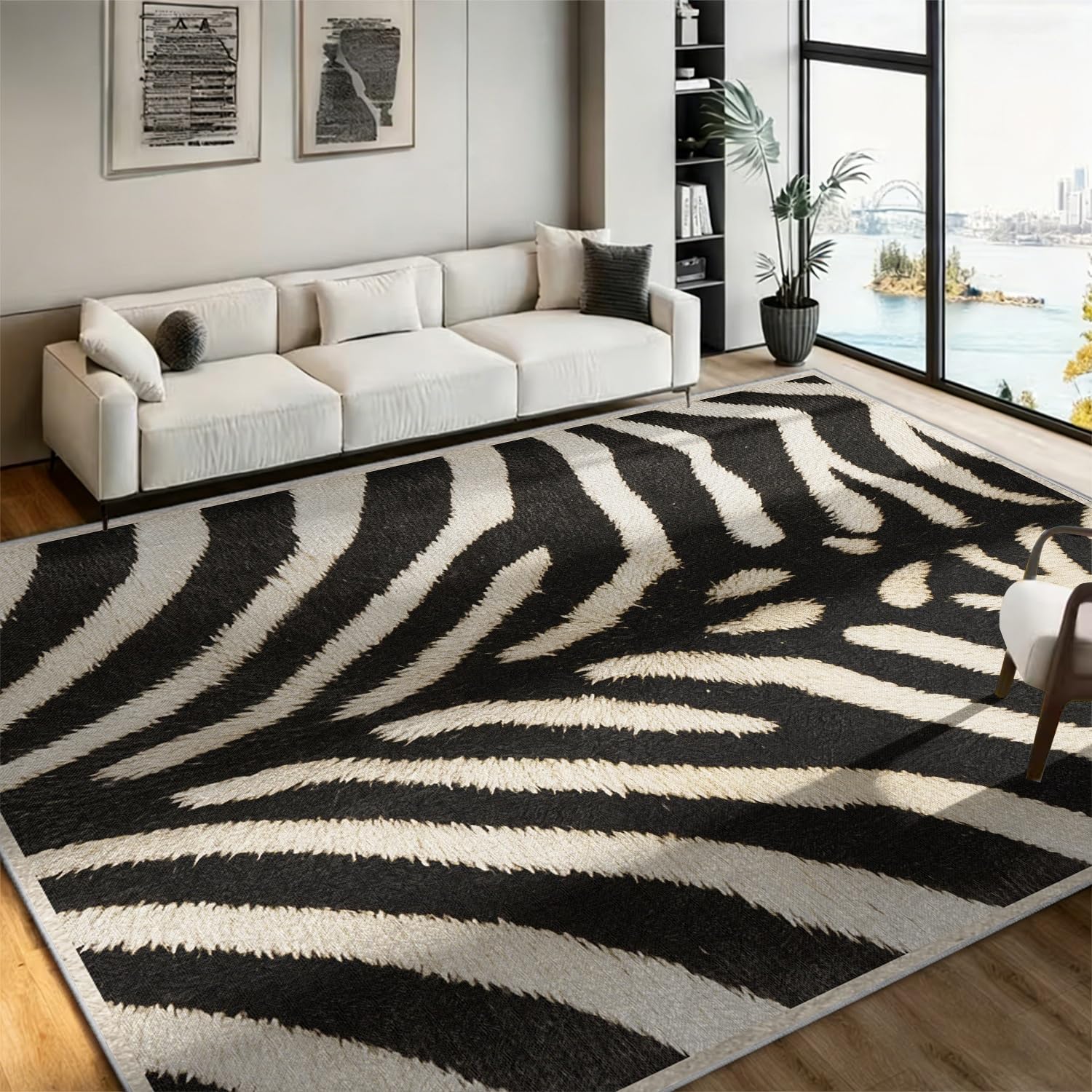 ZCLRUG Country Zebra Area Rug,180x260cm,Black and White Striped Faux Fur Rug,Soft and Non-Slip Low-Pile Animal Print Rug, Rustic Cabin Zebra Print Carpet, for Office Living Room Bedroom Farmhouse